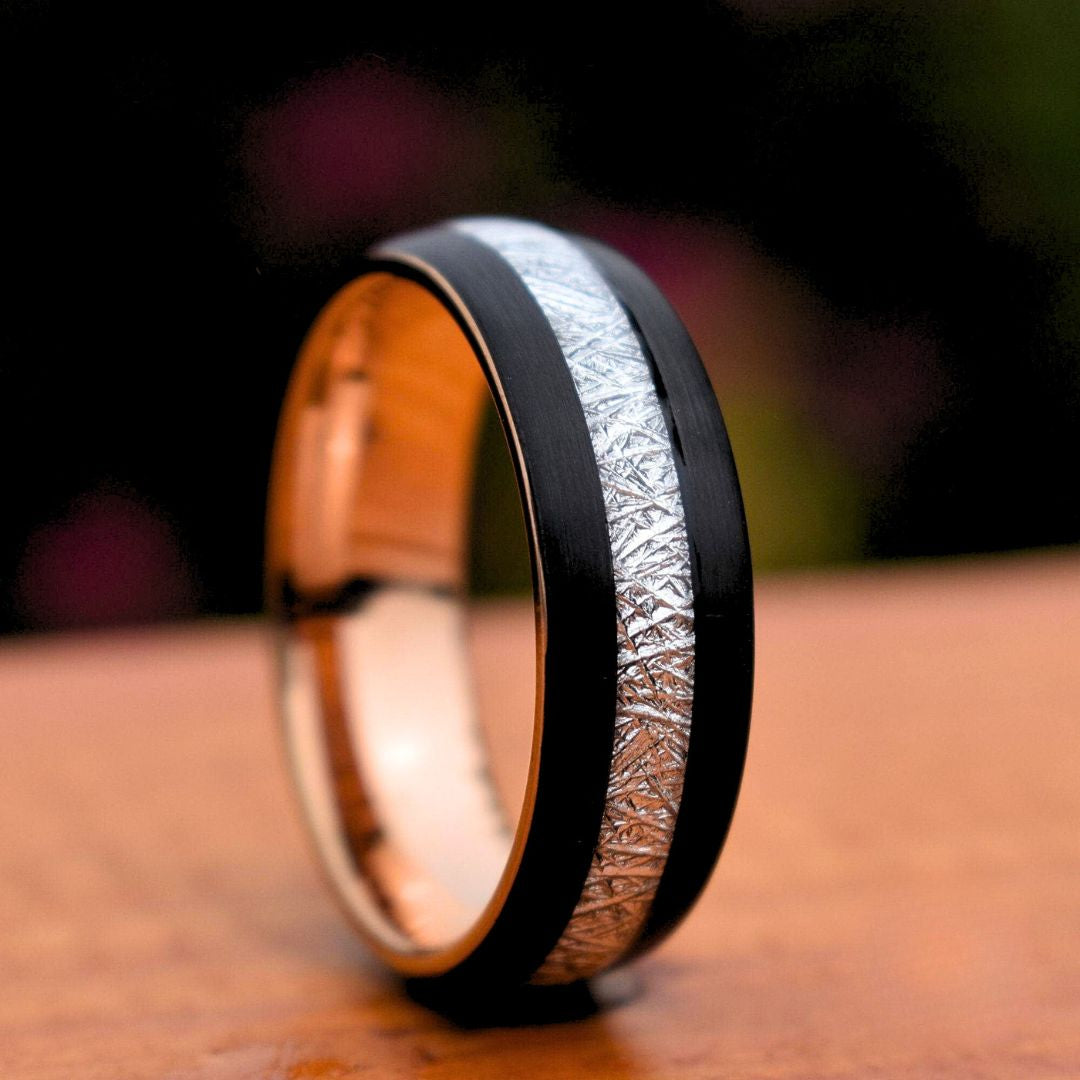 Tungsten 8mm Ring Black with Meteorite and Rose Gold Inner Band - Tungsten Titans