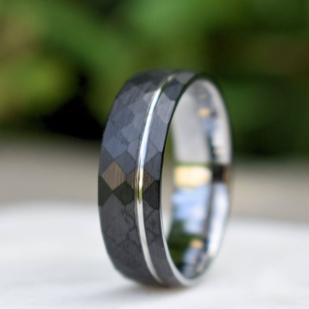 Hammered 8mm Black Tungsten Ring with Silver Accent - Tungsten Titans
