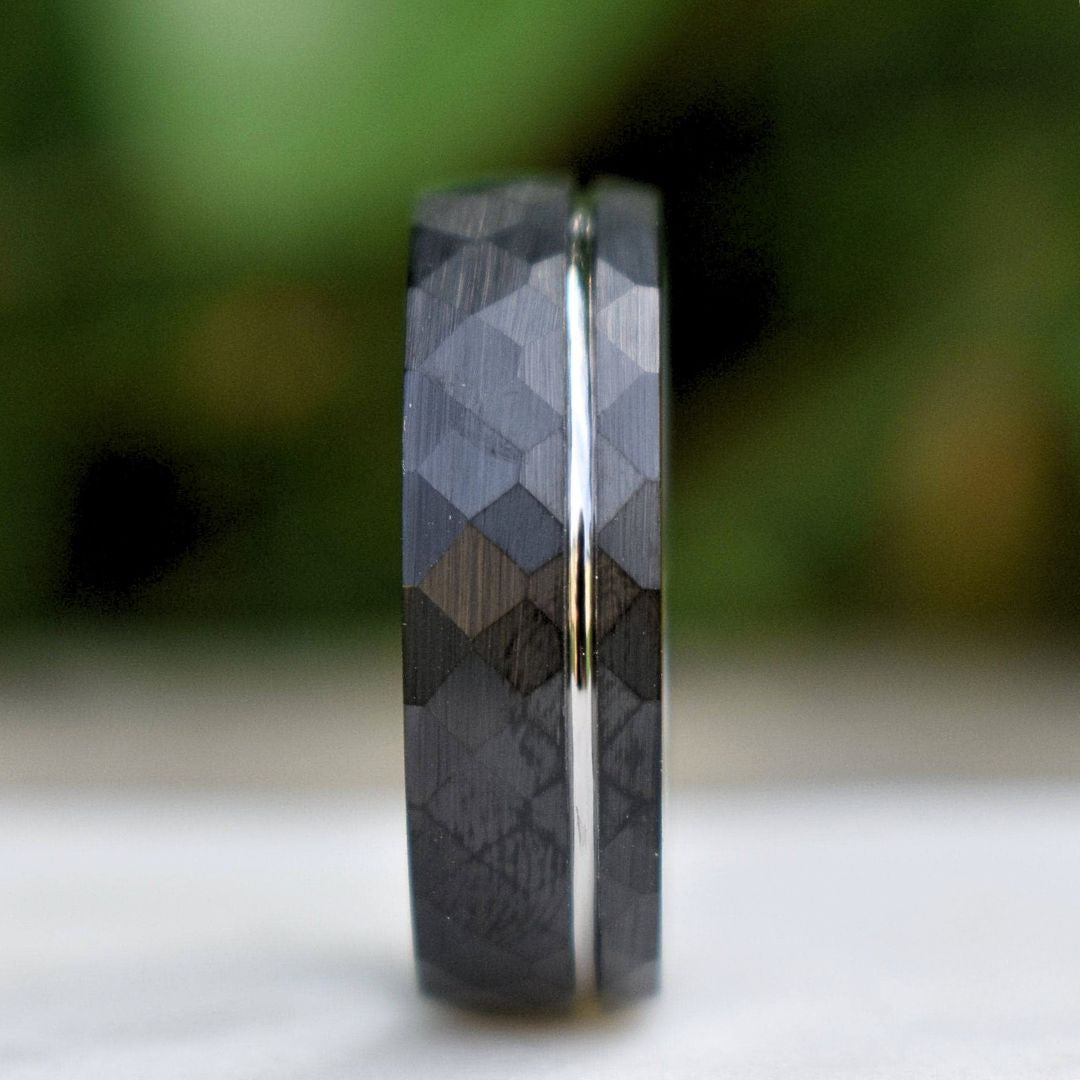 Hammered 8mm Black Tungsten Ring with Silver Accent - Tungsten Titans