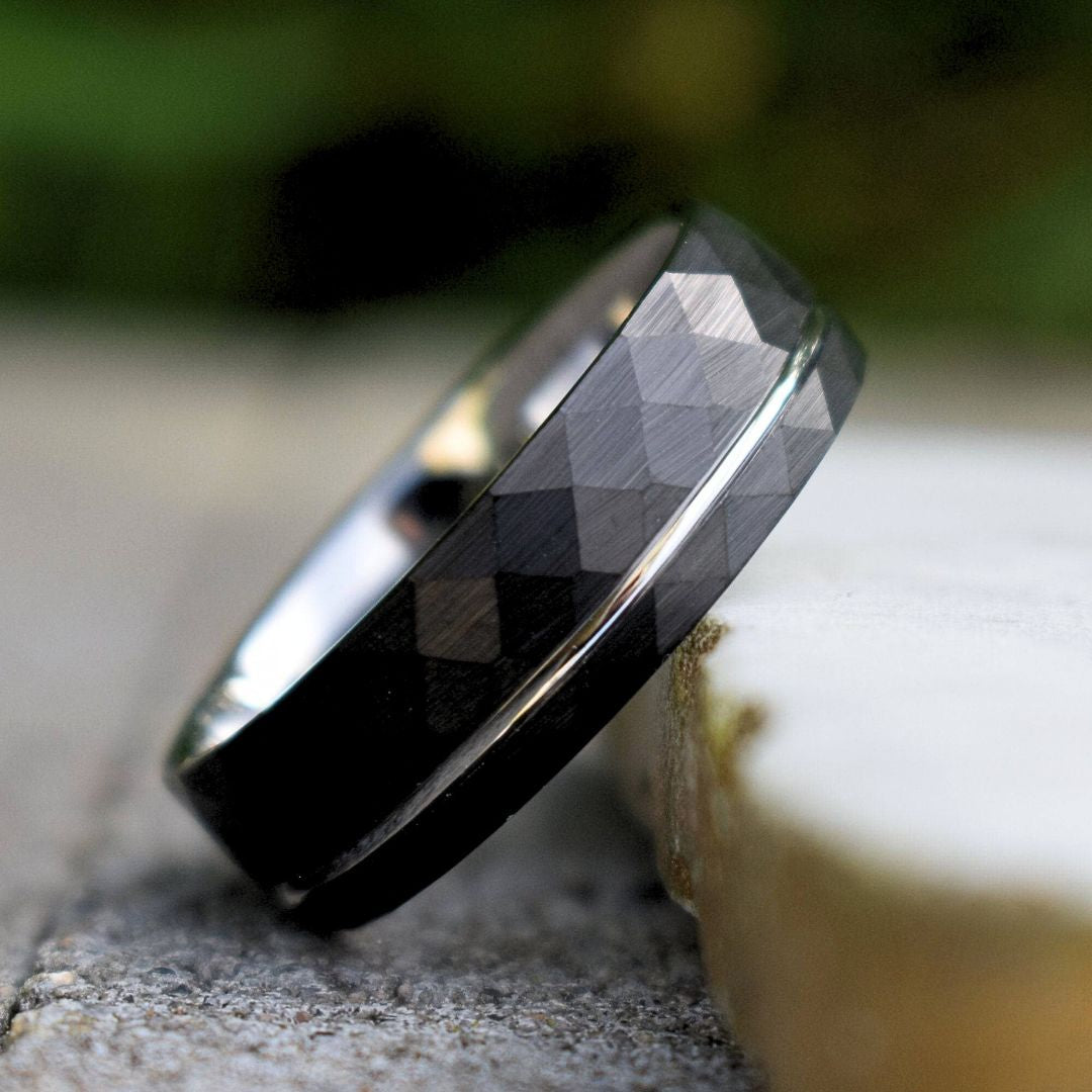 Hammered 8mm Black Tungsten Ring with Silver Accent - Tungsten Titans