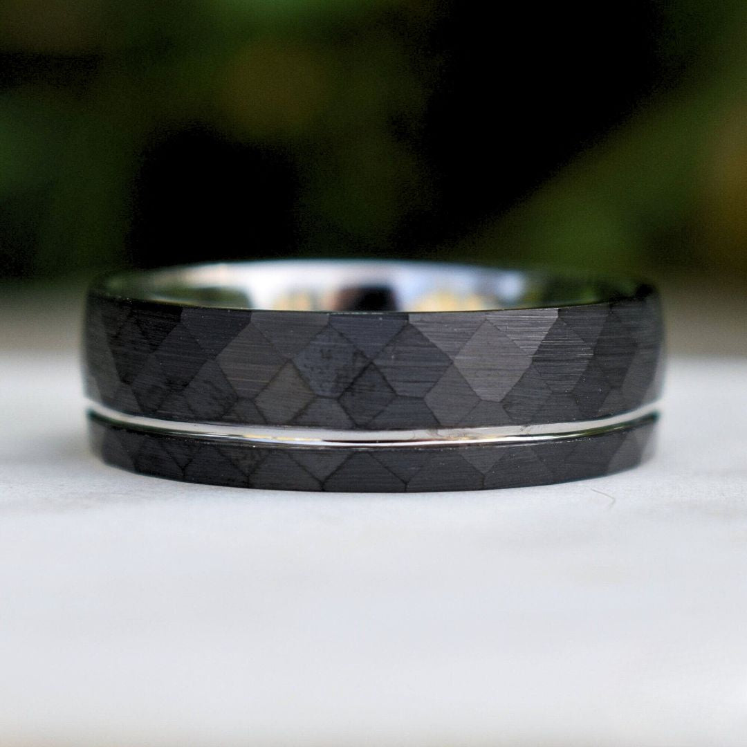 Hammered 8mm Black Tungsten Ring with Silver Accent - Tungsten Titans