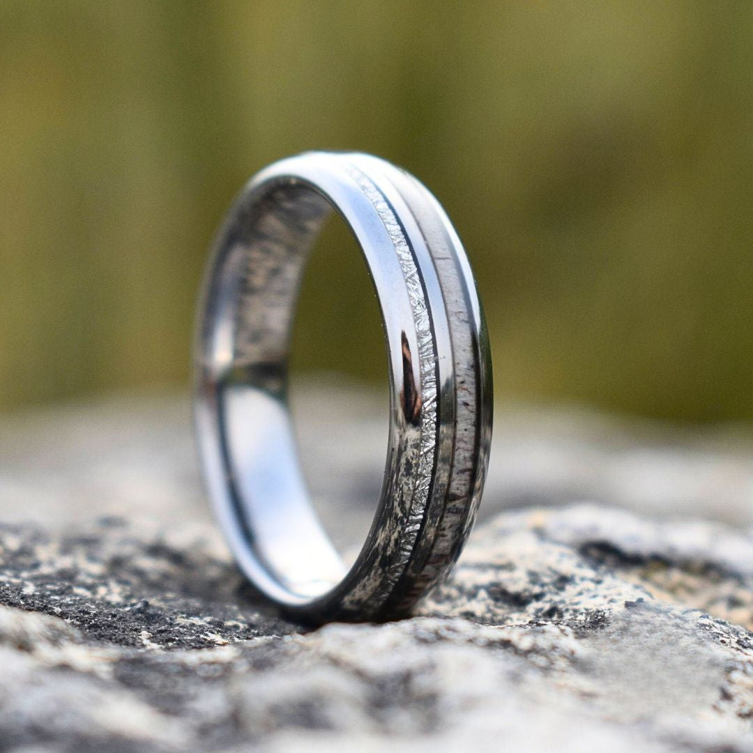 Silver Tungsten 6mm Ring with Deer Antler and Meteorite - Tungsten Titans