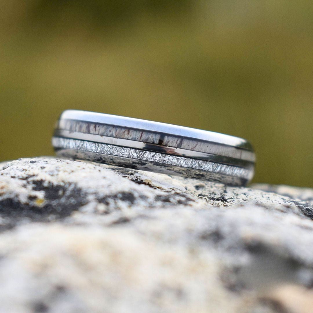 Silver Tungsten 6mm Ring with Deer Antler and Meteorite - Tungsten Titans