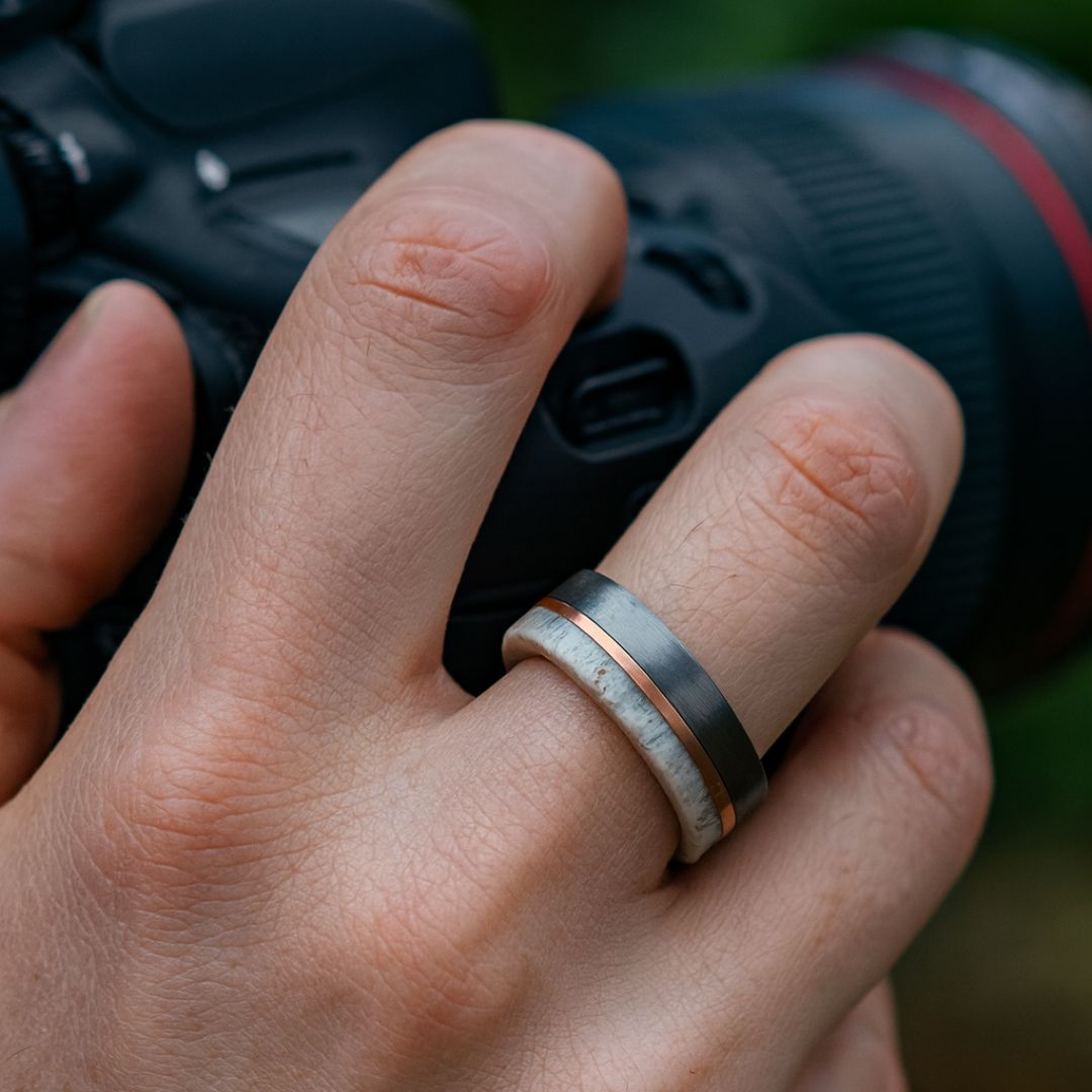 Deer Antler and Brushed Silver Tungsten 8mm Ring with Rose Gold Center - Tungsten Titans
