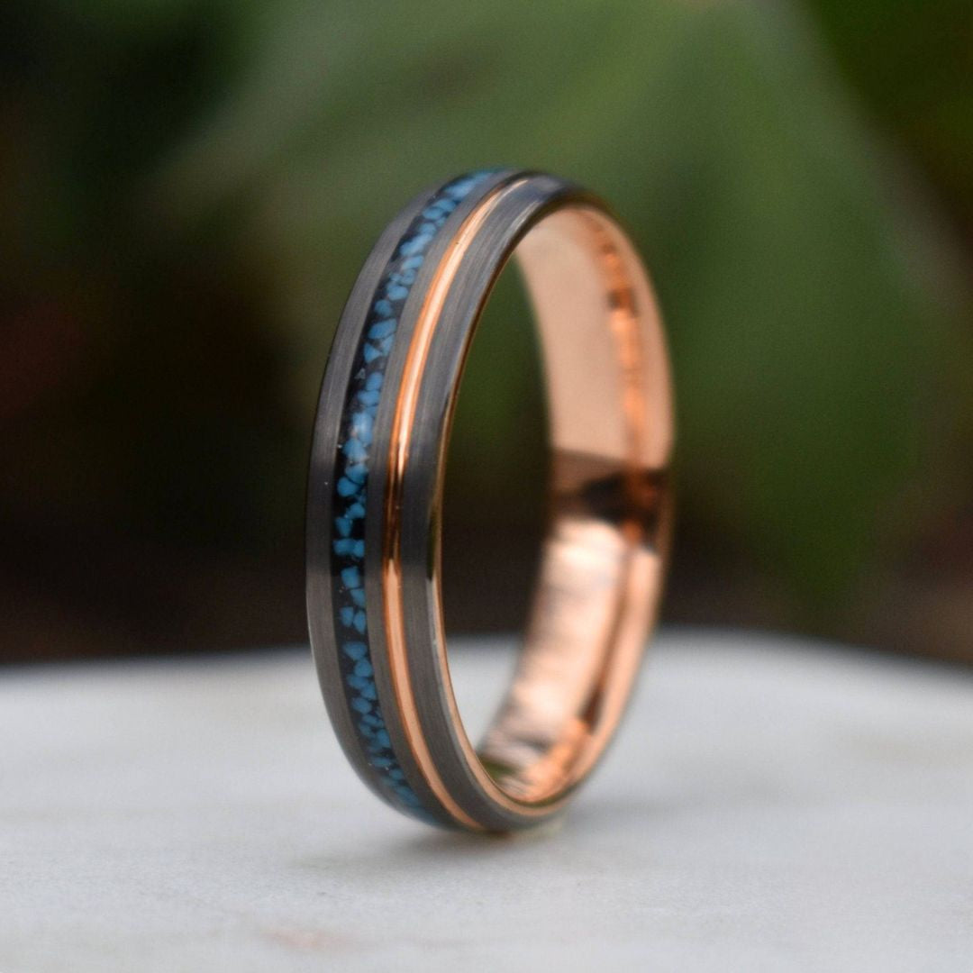 Tungsten 6mm Ring Grey with Rose Gold Accent and Crushed Turquoise - Tungsten Titans