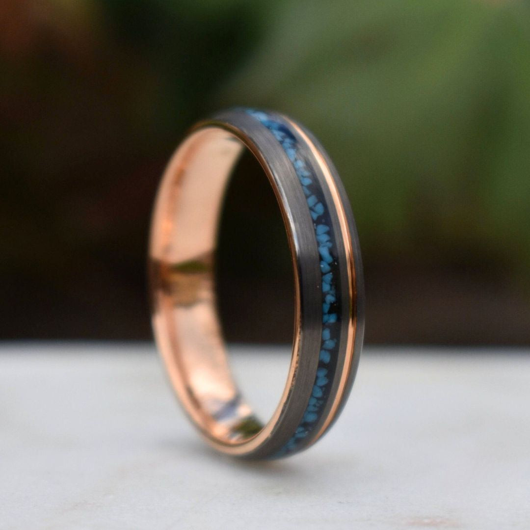 Tungsten 6mm Ring Grey with Rose Gold Accent and Crushed Turquoise - Tungsten Titans
