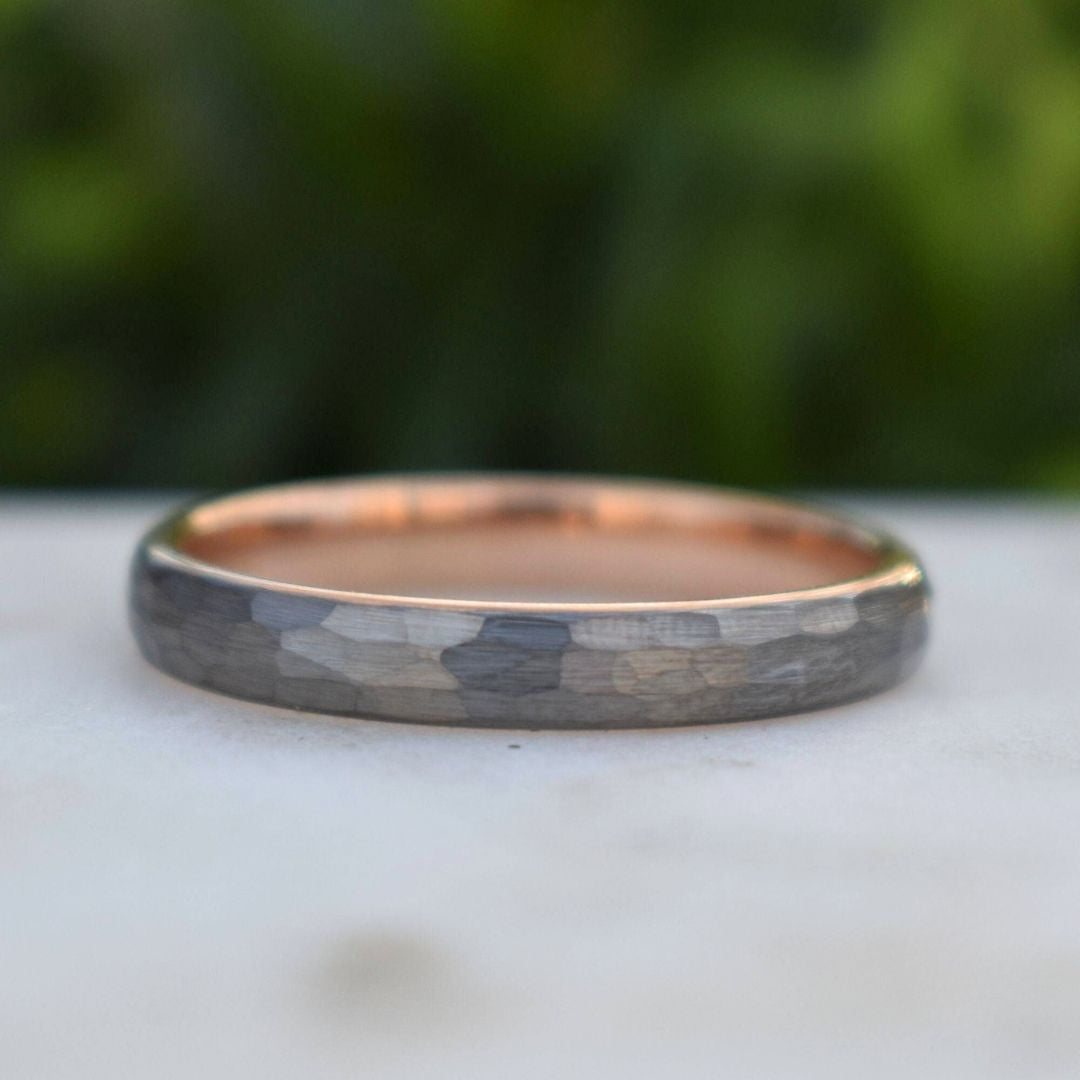 Hammered Tungsten 4mm Ring with Rose Gold band - Tungsten Titans