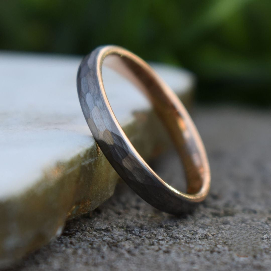 Hammered Tungsten 4mm Ring with Rose Gold band - Tungsten Titans