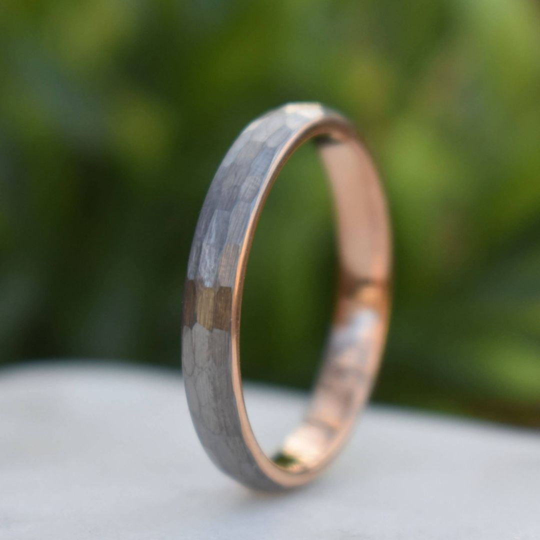 Hammered Tungsten 4mm Ring with Rose Gold band - Tungsten Titans