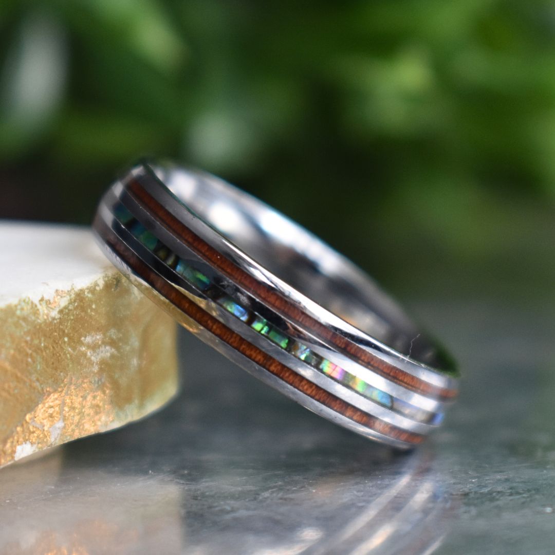 Tungsten 6mm Ring with Koa Wood and Shell Inlay - Tungsten Titans