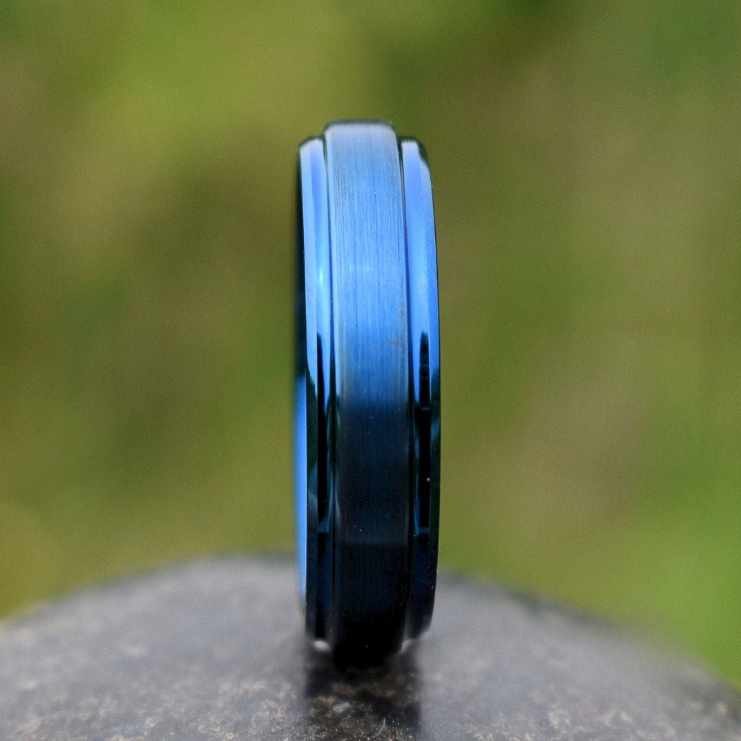Tungsten Ring Blue 6mm Brushed Center with a Deep Stepped Edge - Tungsten Titans