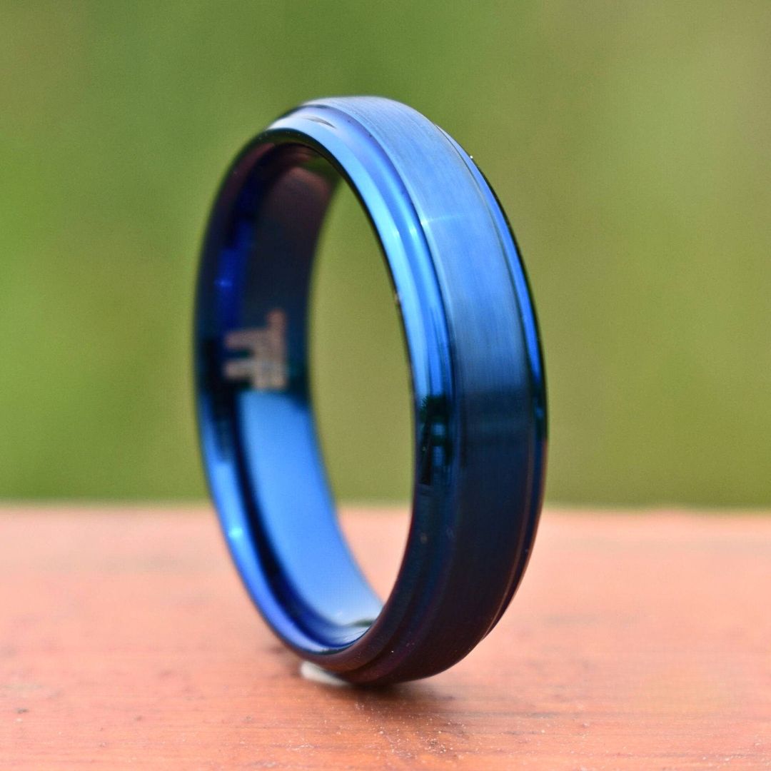 Tungsten Ring Blue 6mm Brushed Center with a Deep Stepped Edge - Tungsten Titans