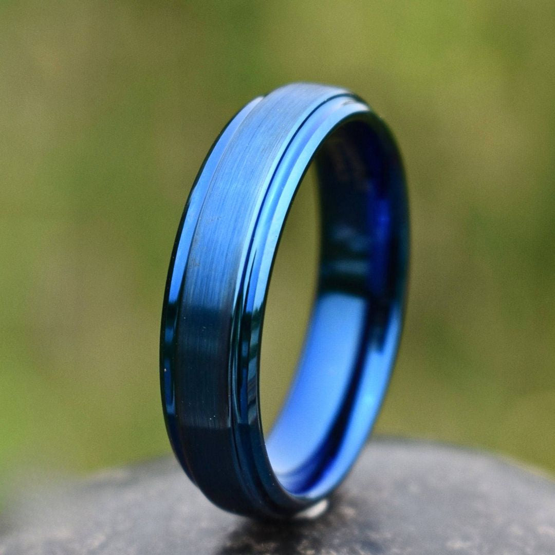 Tungsten Ring Blue 6mm Brushed Center with a Deep Stepped Edge - Tungsten Titans