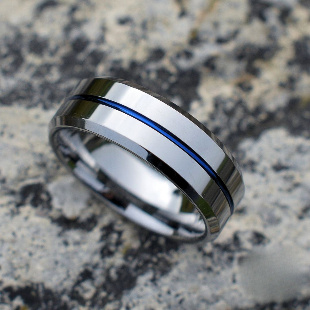 Tungsten 8mm Silver Ring with a Blue Center Strip - Tungsten Titans