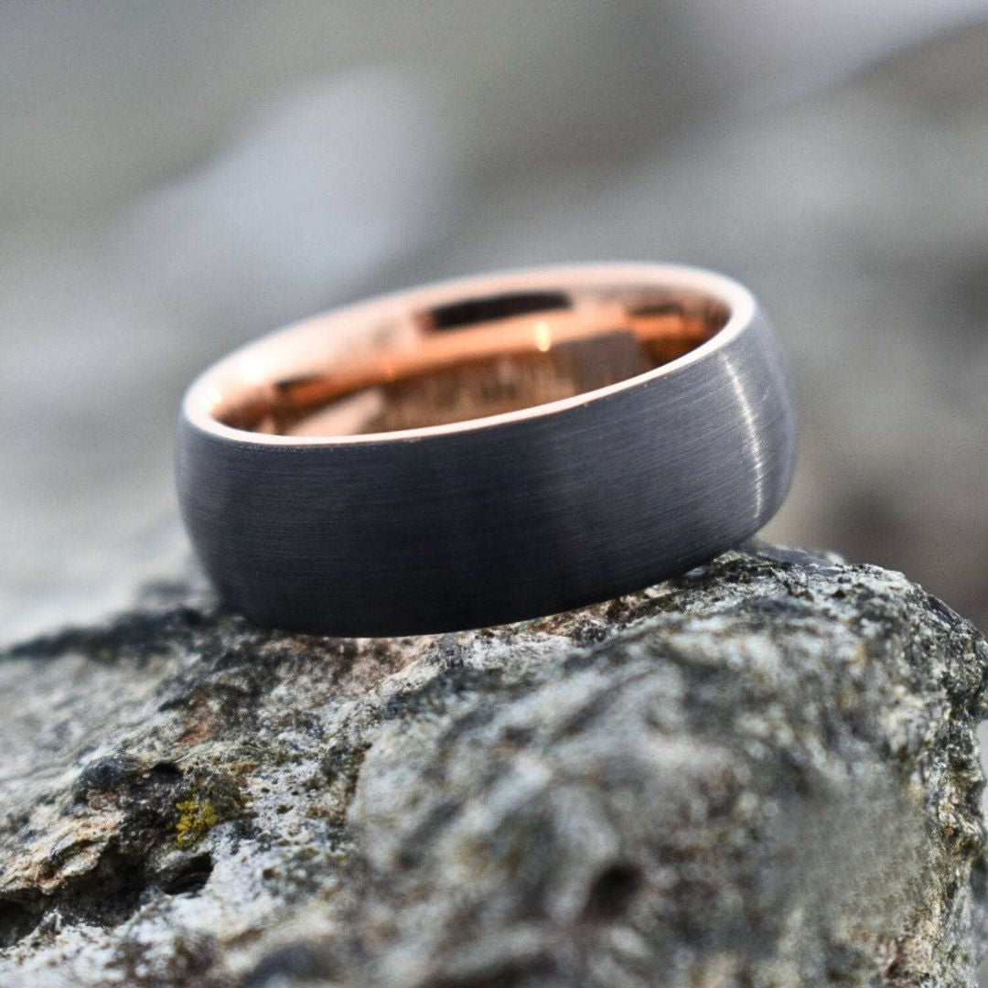 Black Brushed 8mm Tungsten Ring with Rose Gold Band - Tungsten Titans