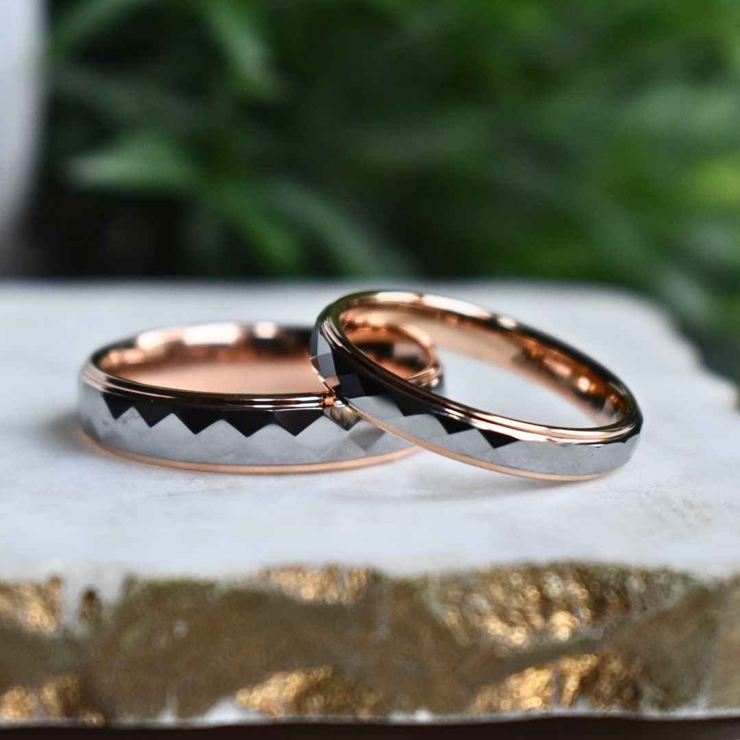 Tungsten 4mm Diamond Facet Silver Ring with Rose Gold Edges - Tungsten Titans