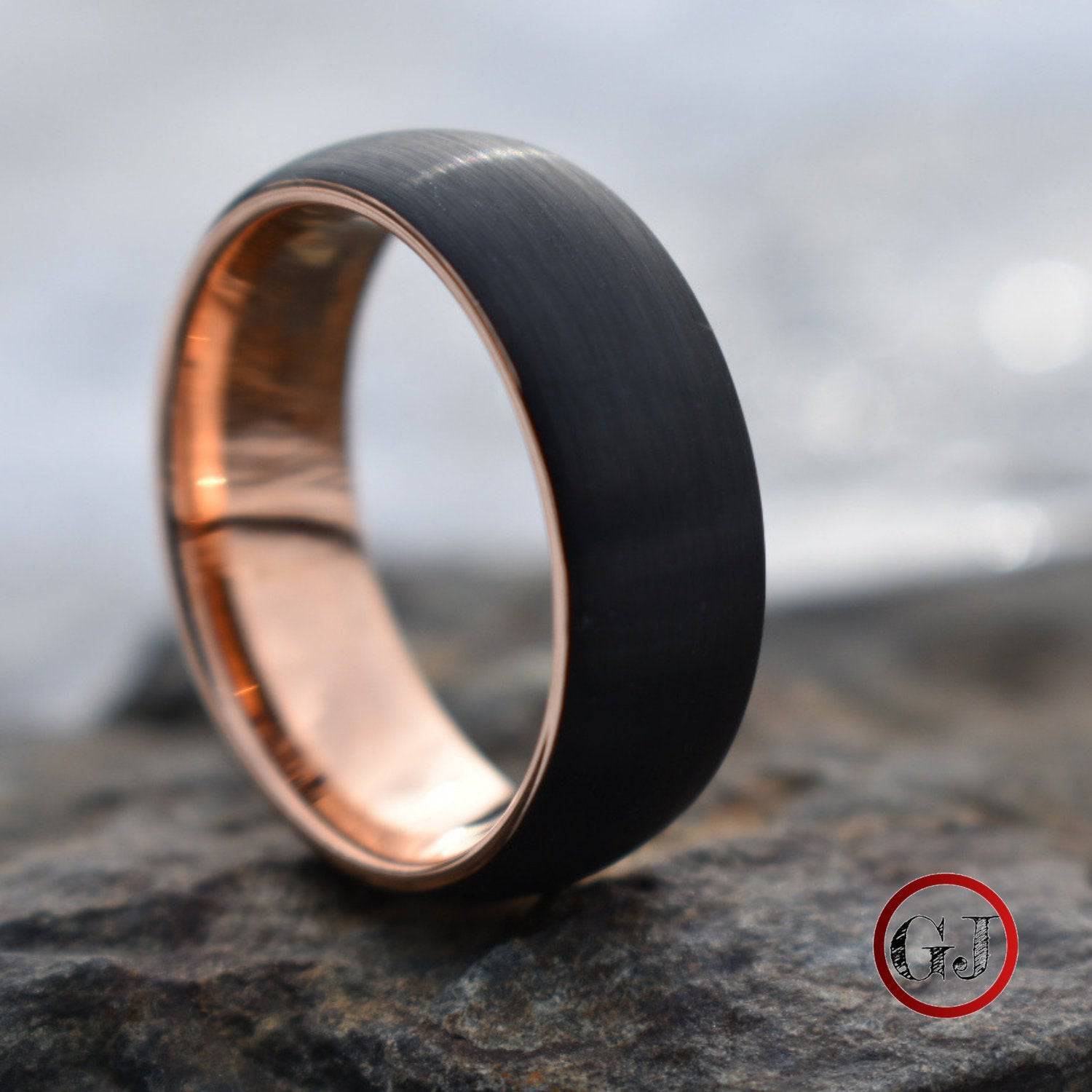 Black Brushed 8mm Tungsten Ring with Rose Gold Band - Tungsten Titans