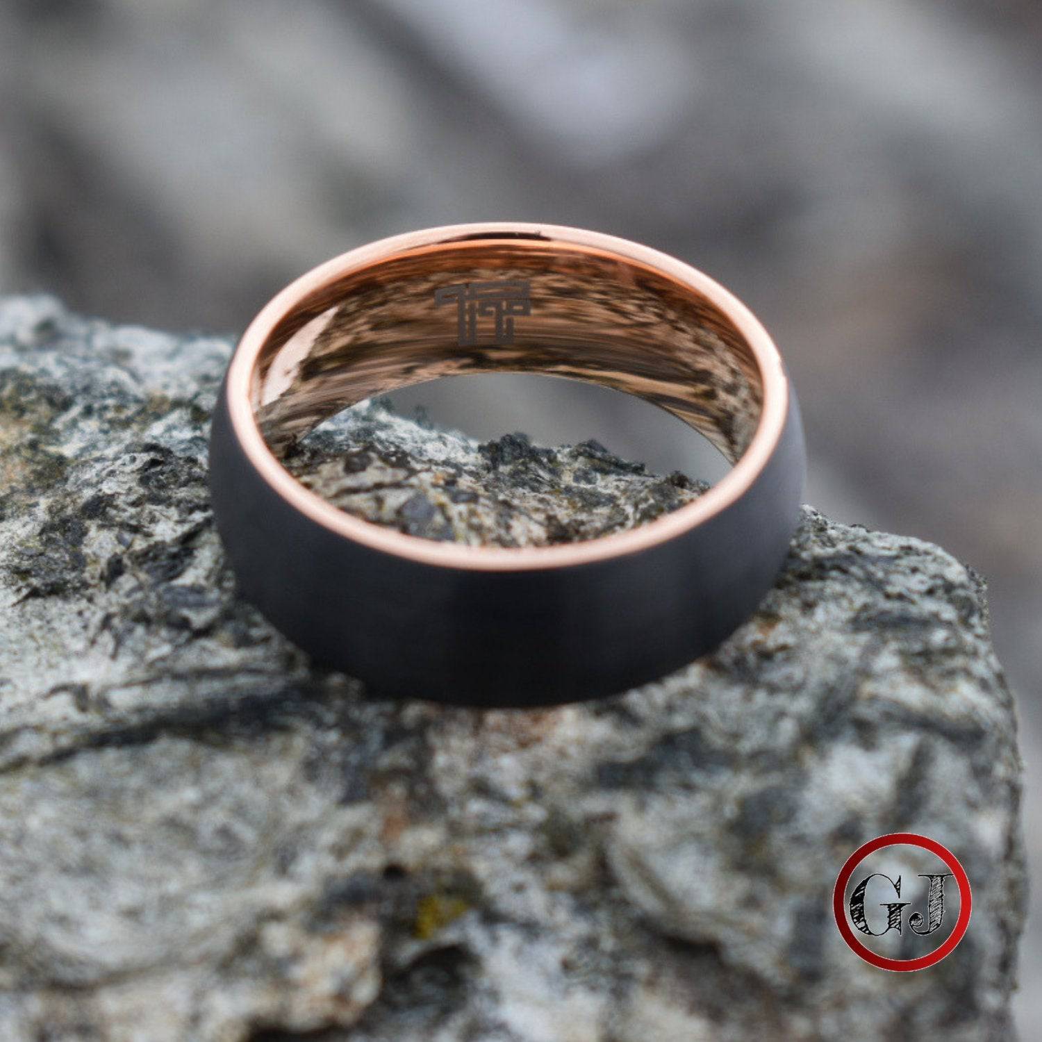 Black Brushed 8mm Tungsten Ring with Rose Gold Band - Tungsten Titans