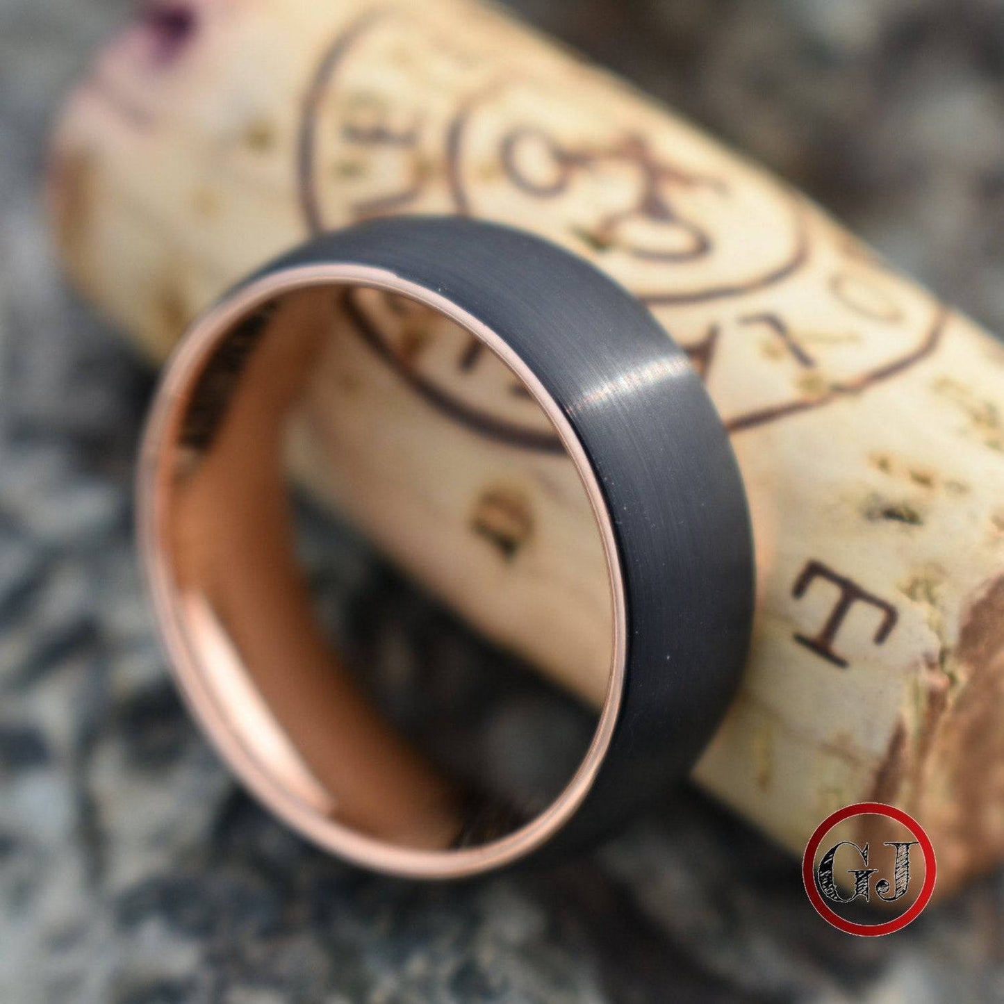 Black Brushed 8mm Tungsten Ring with Rose Gold Band - Tungsten Titans