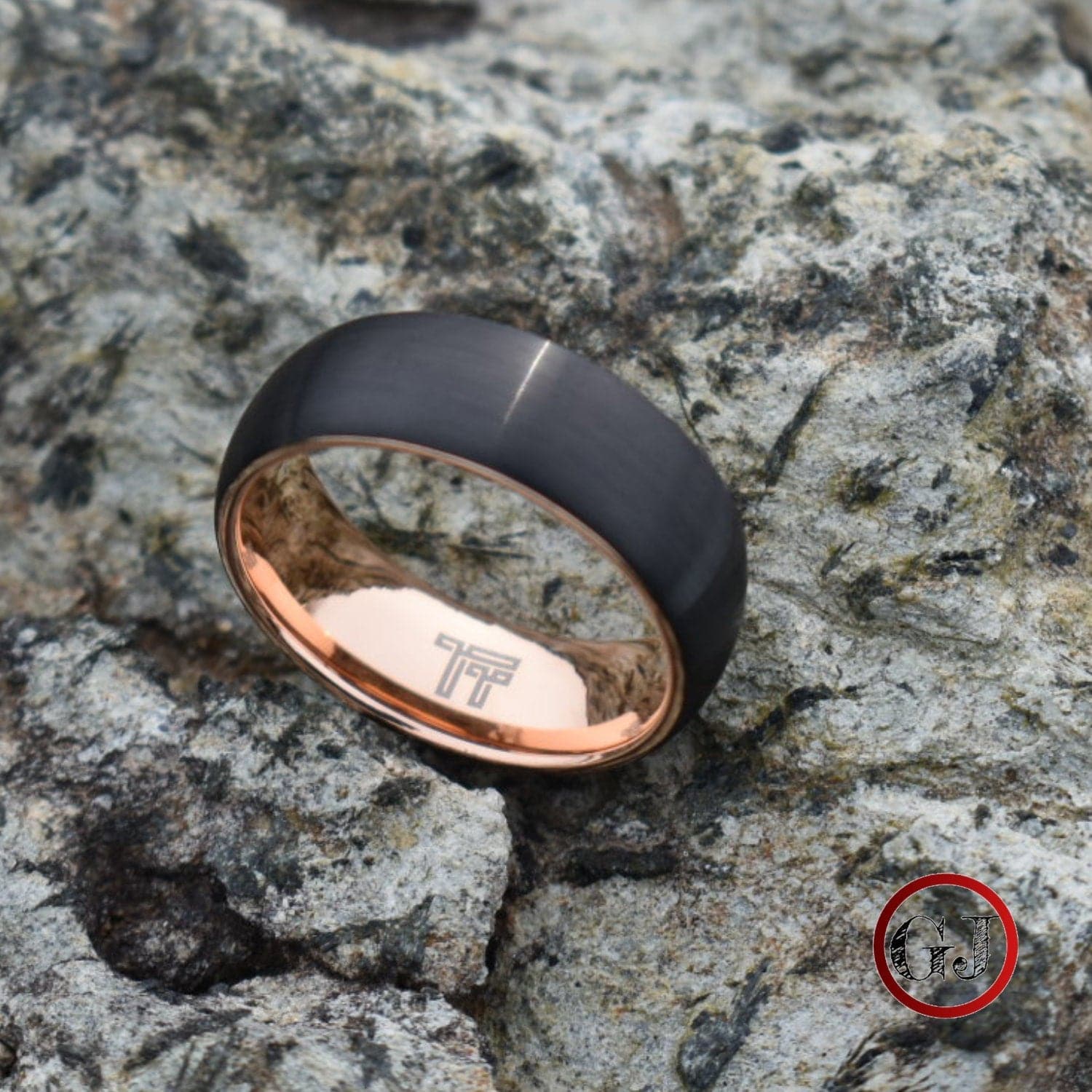 Black Brushed 8mm Tungsten Ring with Rose Gold Band - Tungsten Titans