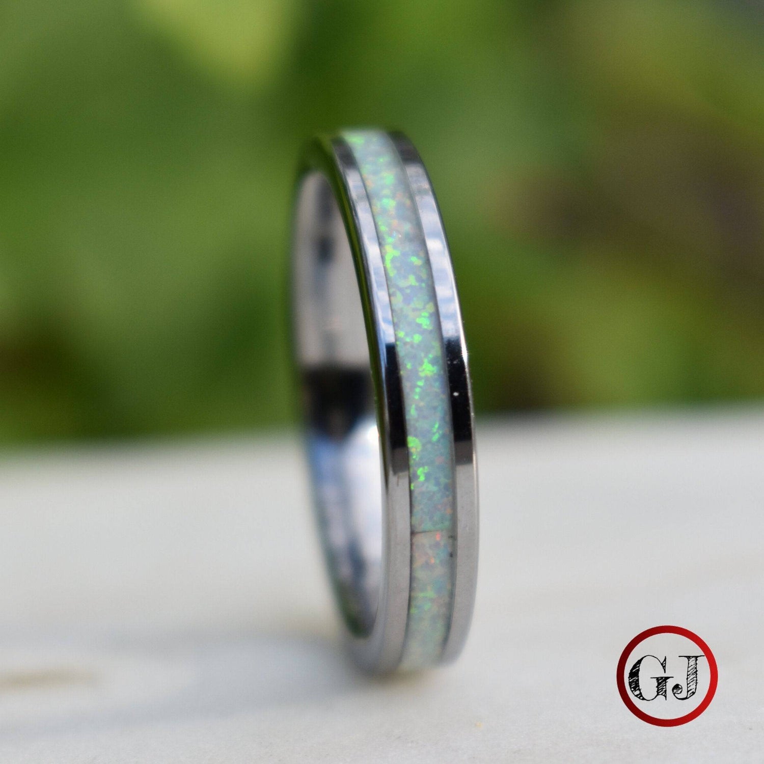 Tungsten 4mm Ring Crushed White Opal Wedding Band - Tungsten Titans