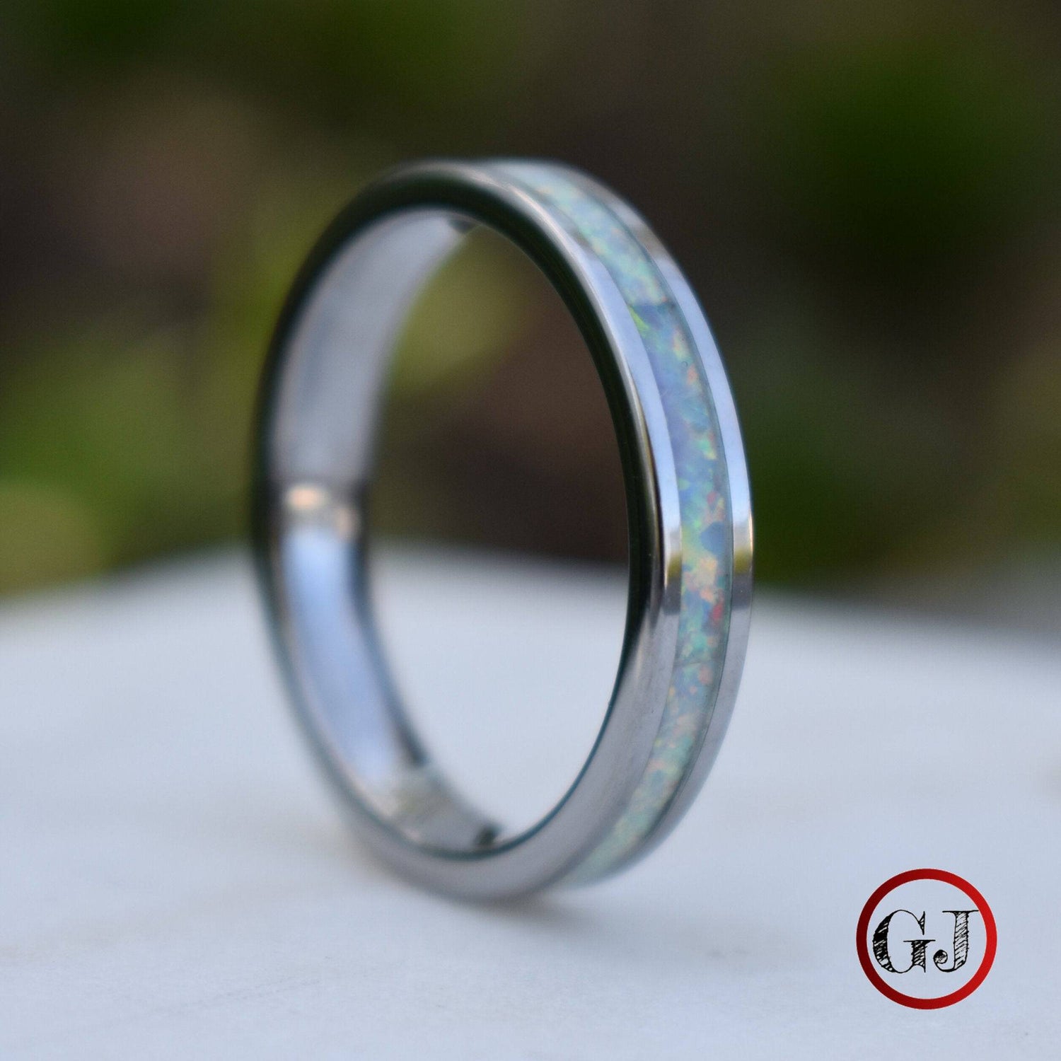 Tungsten 4mm Ring Crushed White Opal Wedding Band - Tungsten Titans