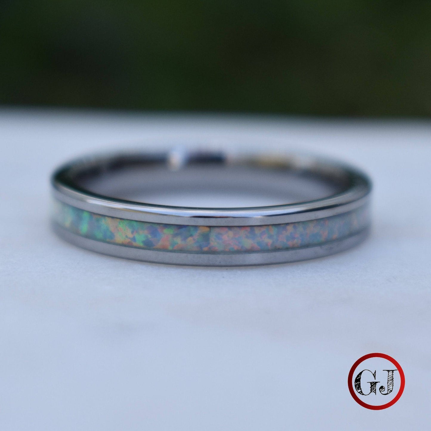 Tungsten 4mm Ring Crushed White Opal Wedding Band - Tungsten Titans