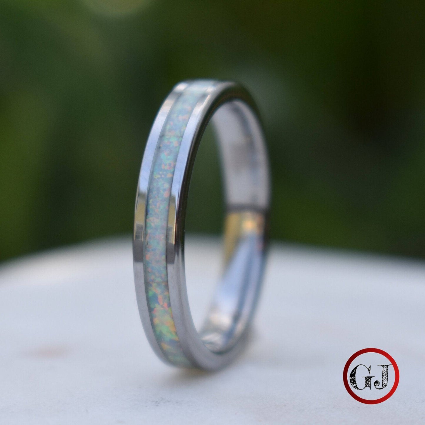 Tungsten 4mm Ring Crushed White Opal Wedding Band - Tungsten Titans