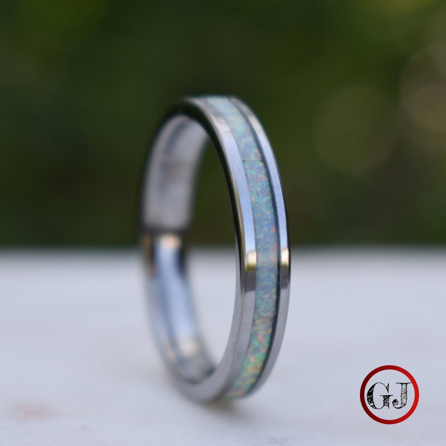 Tungsten 4mm Ring Crushed White Opal Wedding Band - Tungsten Titans