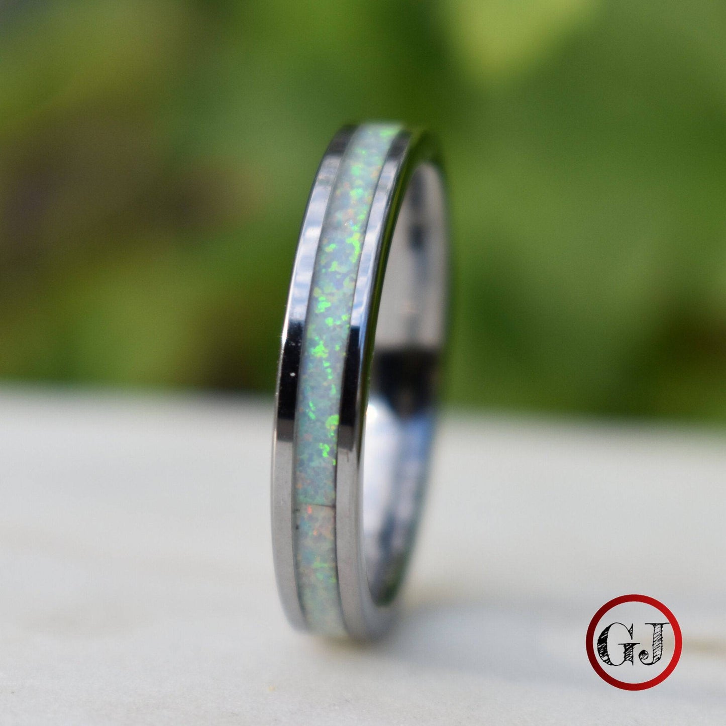 Tungsten 4mm Ring Crushed White Opal Wedding Band - Tungsten Titans