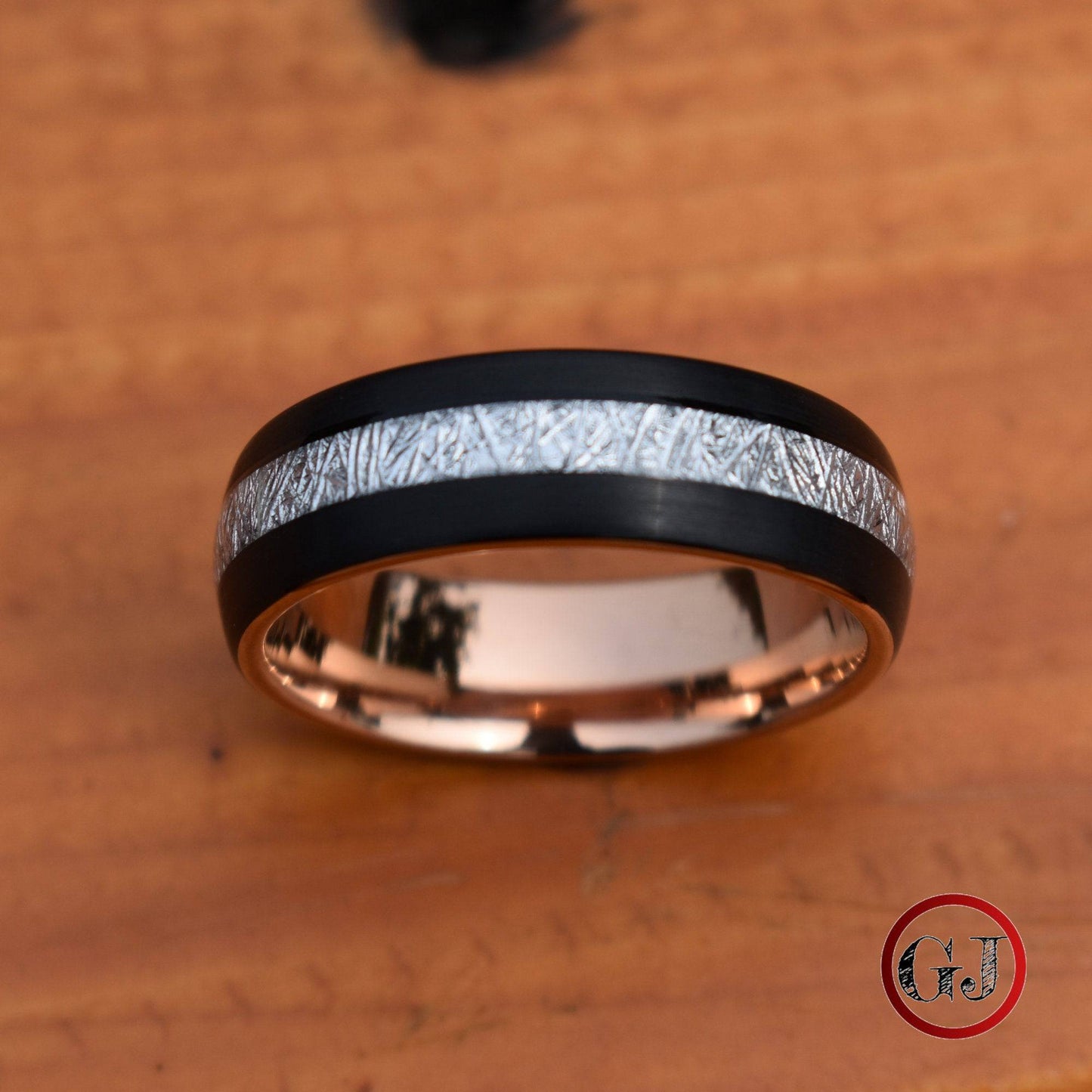 Tungsten 8mm Ring Black with Meteorite and Rose Gold Inner Band - Tungsten Titans