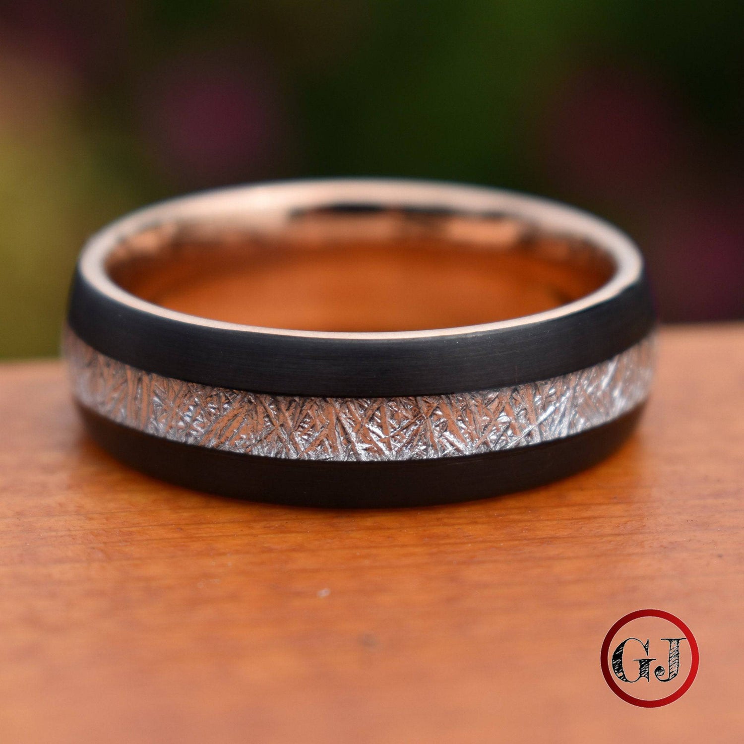 Tungsten 8mm Ring Black with Meteorite and Rose Gold Inner Band - Tungsten Titans