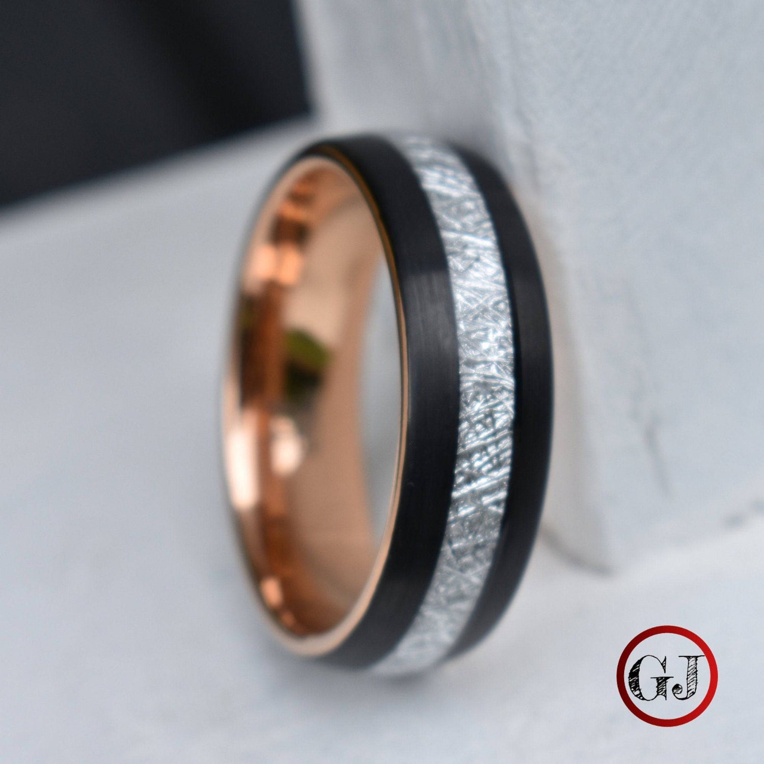 Tungsten 8mm Ring Black with Meteorite and Rose Gold Inner Band - Tungsten Titans