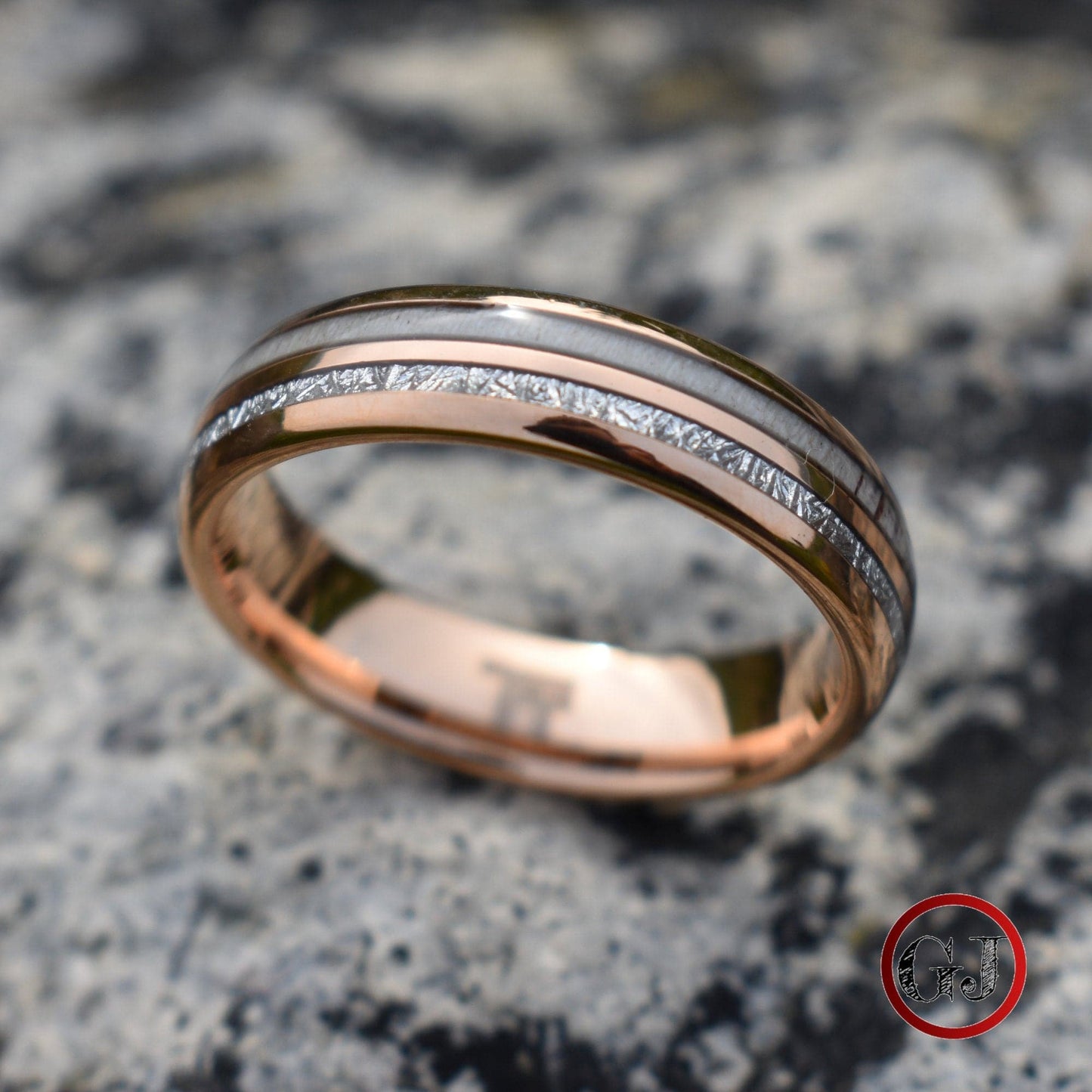 Rose Gold Tungsten 6mm Ring with Deer Antler and Meteorite - Tungsten Titans