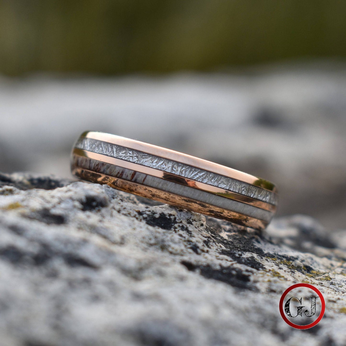 Rose Gold Tungsten 6mm Ring with Deer Antler and Meteorite - Tungsten Titans