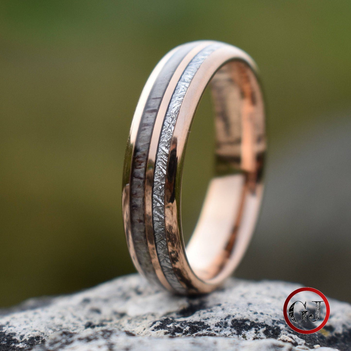 Rose Gold Tungsten 6mm Ring with Deer Antler and Meteorite - Tungsten Titans