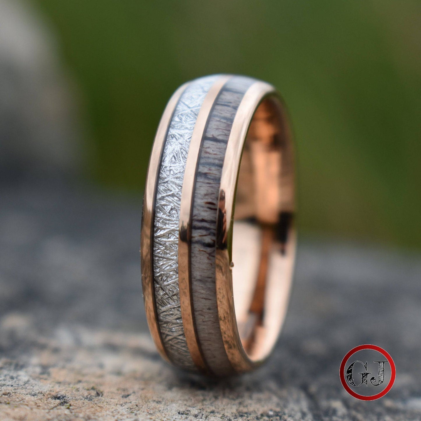 Rose Gold Tungsten 8mm Ring with Deer Antler and Meteorite - Tungsten Titans