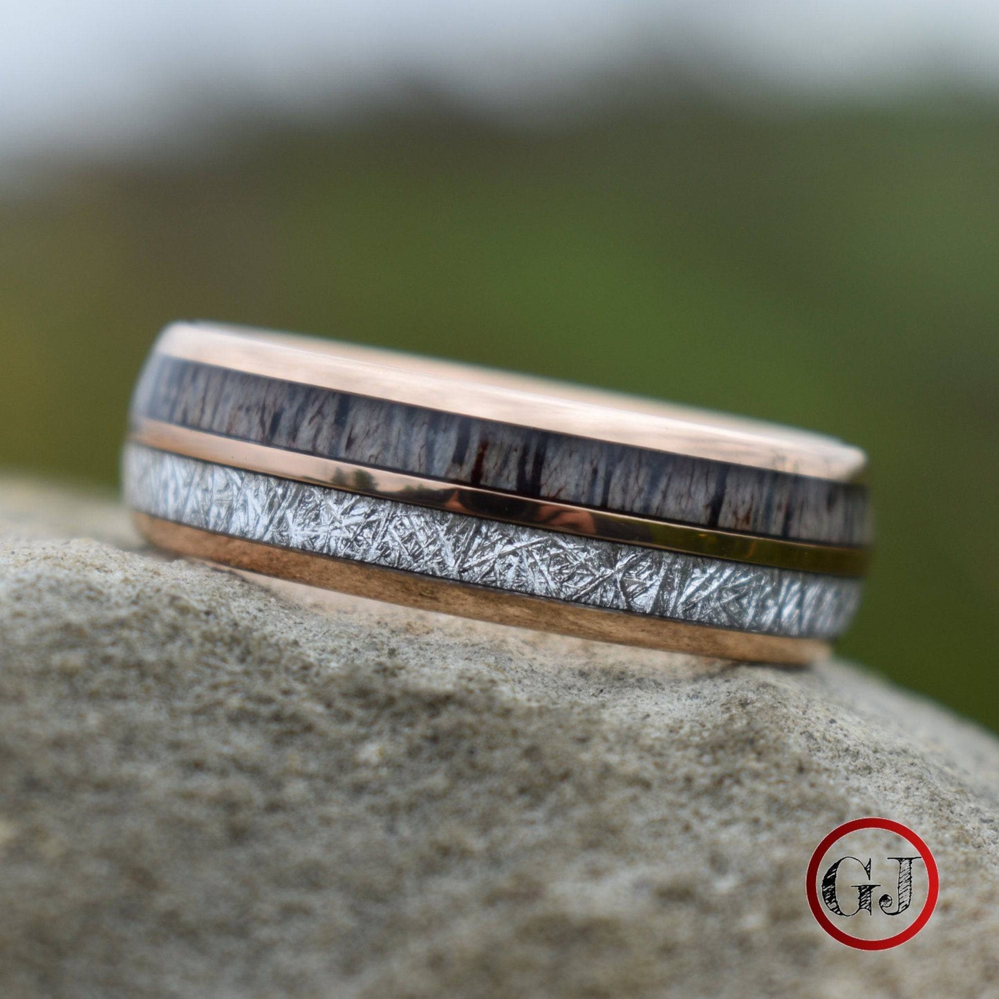 Rose Gold Tungsten 8mm Ring with Deer Antler and Meteorite - Tungsten Titans