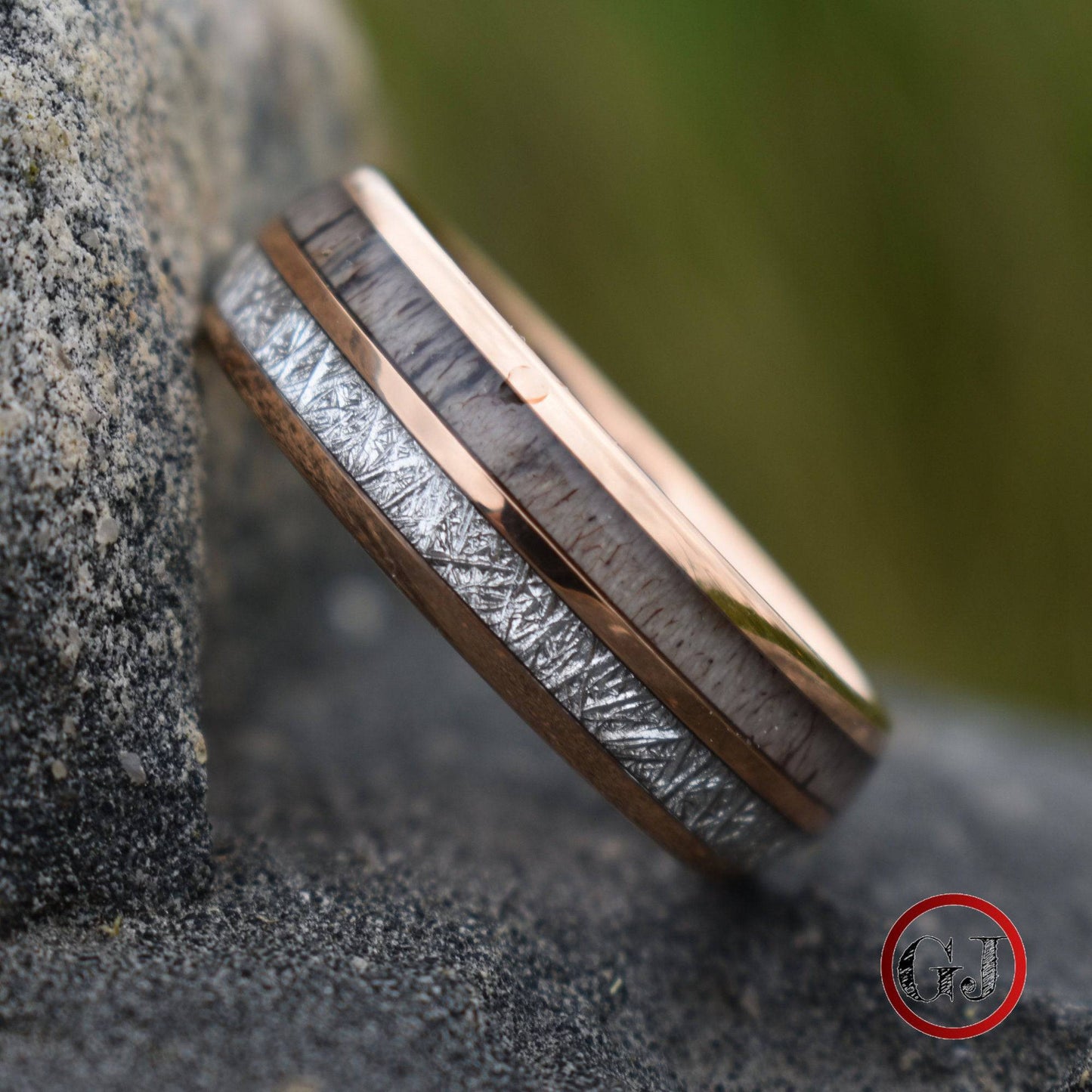 Rose Gold Tungsten 8mm Ring with Deer Antler and Meteorite - Tungsten Titans