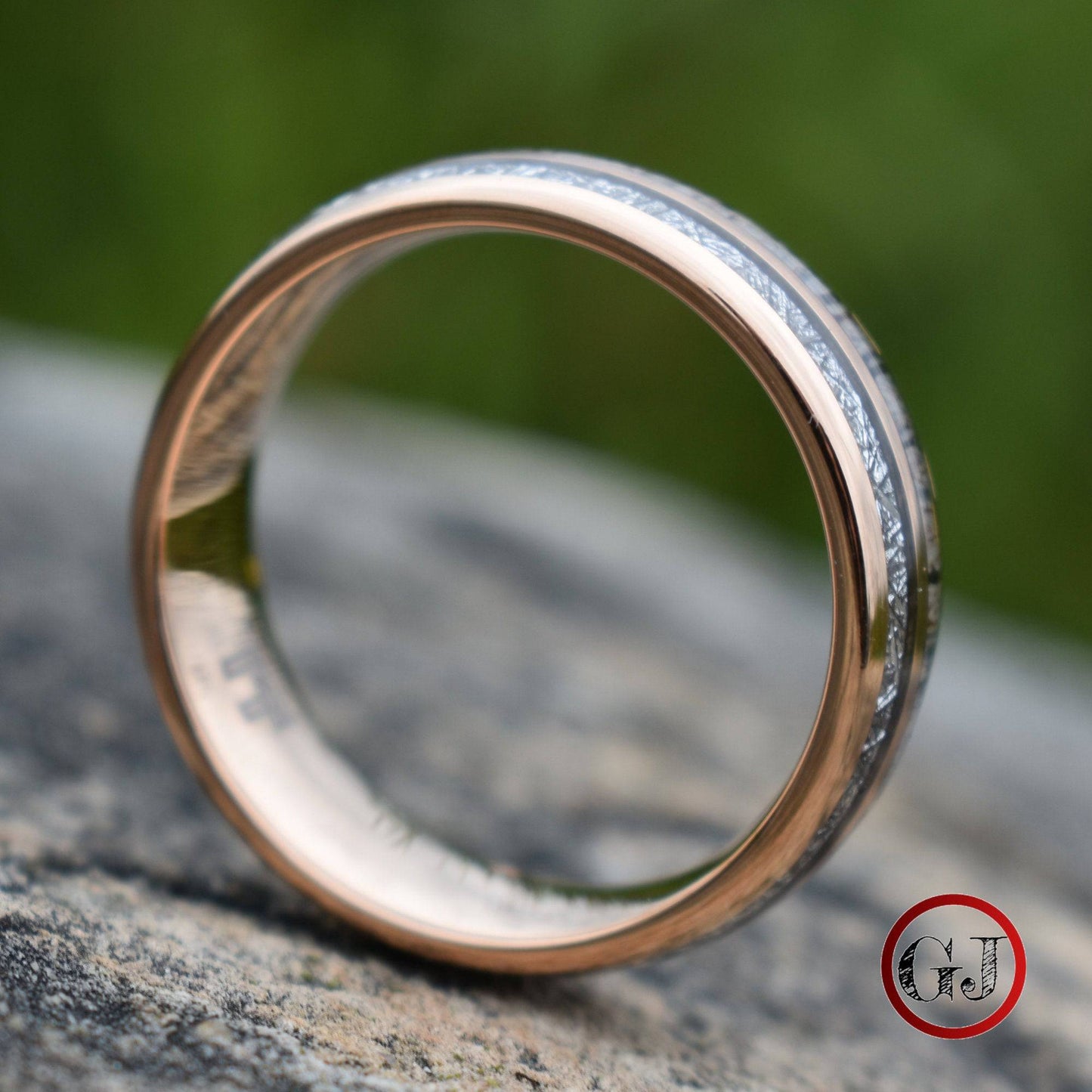 Rose Gold Tungsten 8mm Ring with Deer Antler and Meteorite - Tungsten Titans