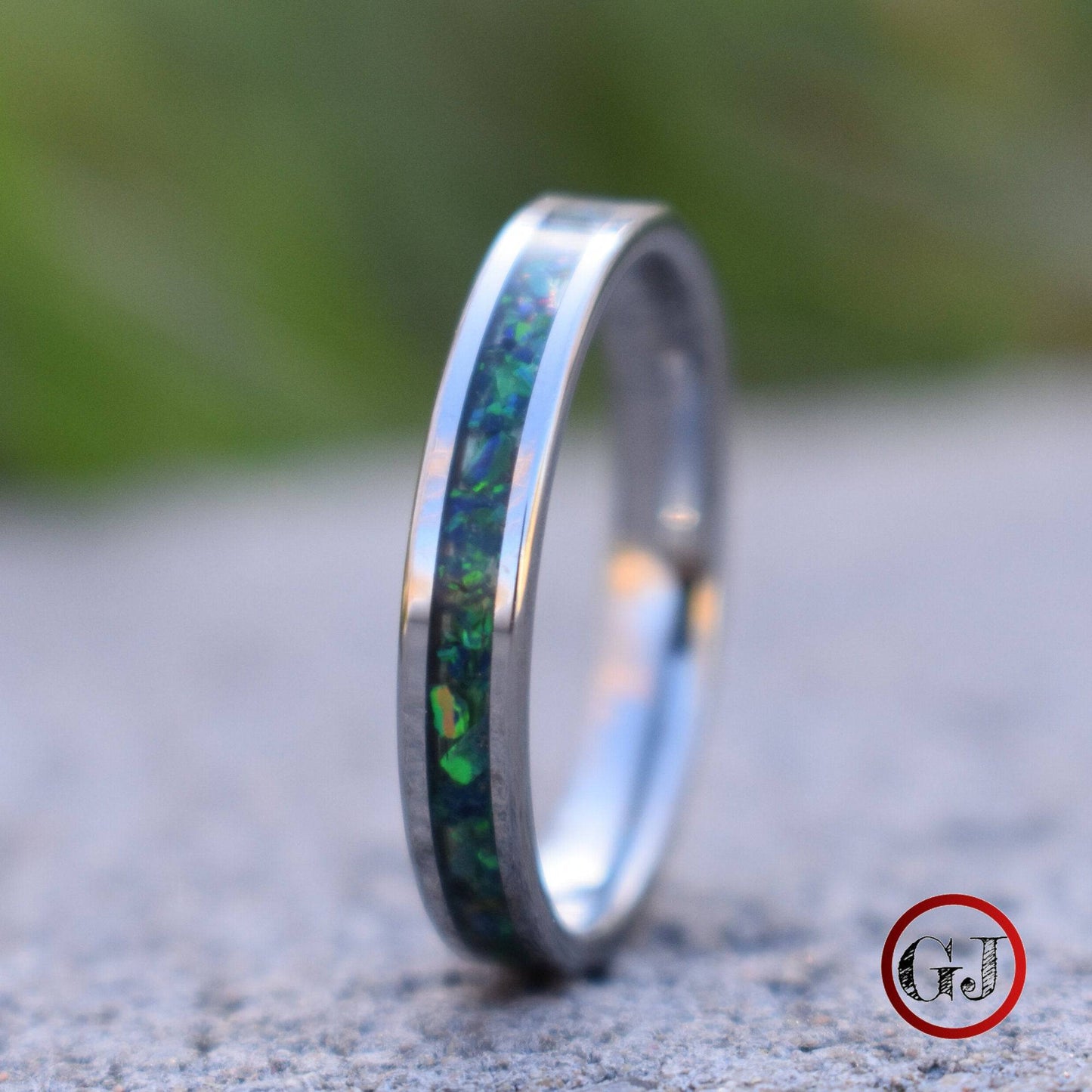 Tungsten 4mm Ring Crushed Green and Blue Opal Wedding Band - Tungsten Titans