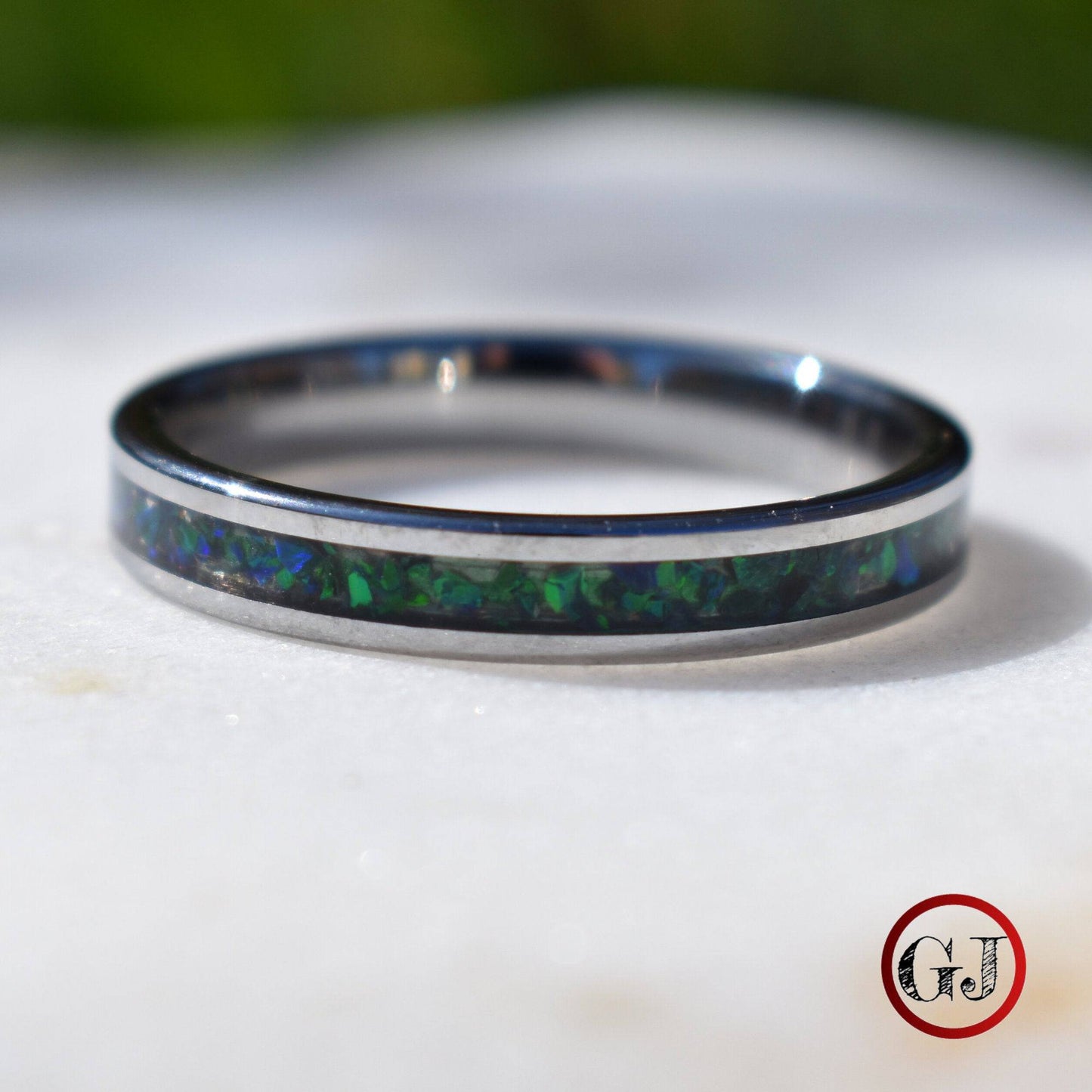 Tungsten 4mm Ring Crushed Green and Blue Opal Wedding Band - Tungsten Titans