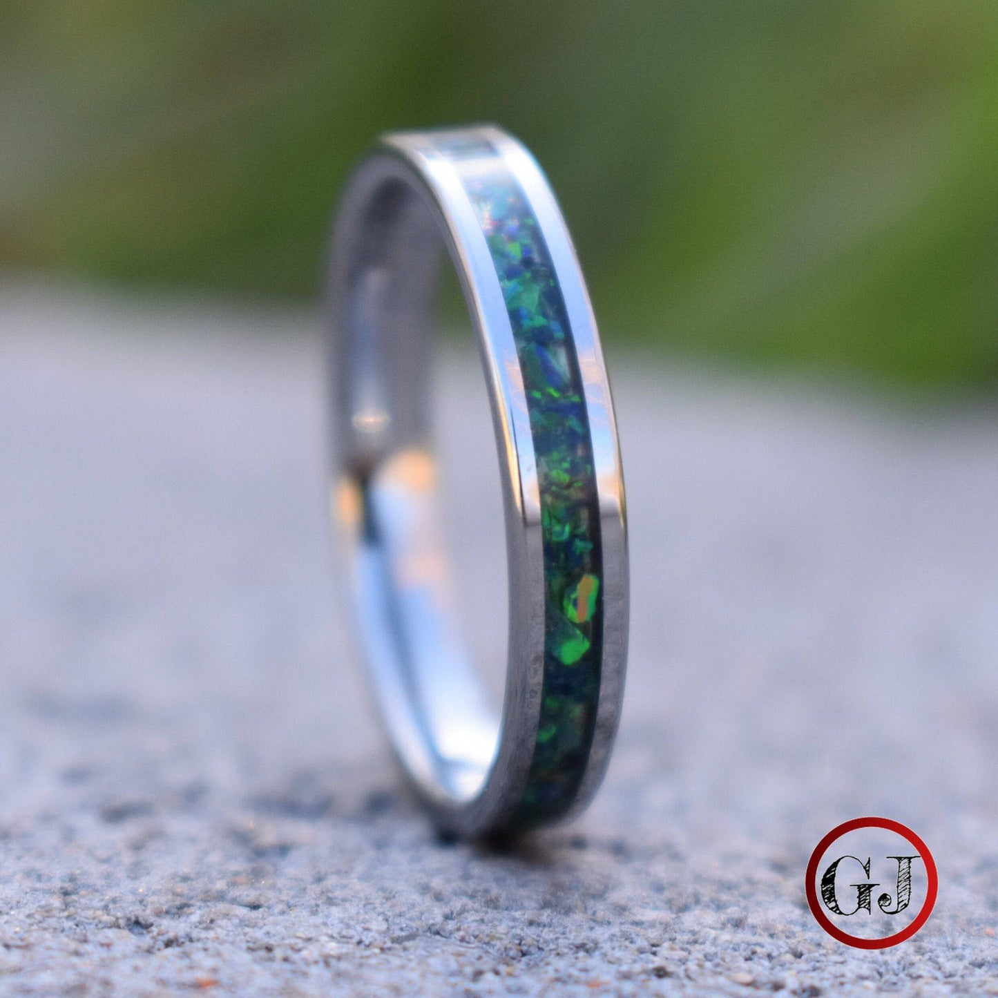 Tungsten 4mm Ring Crushed Green and Blue Opal Wedding Band - Tungsten Titans