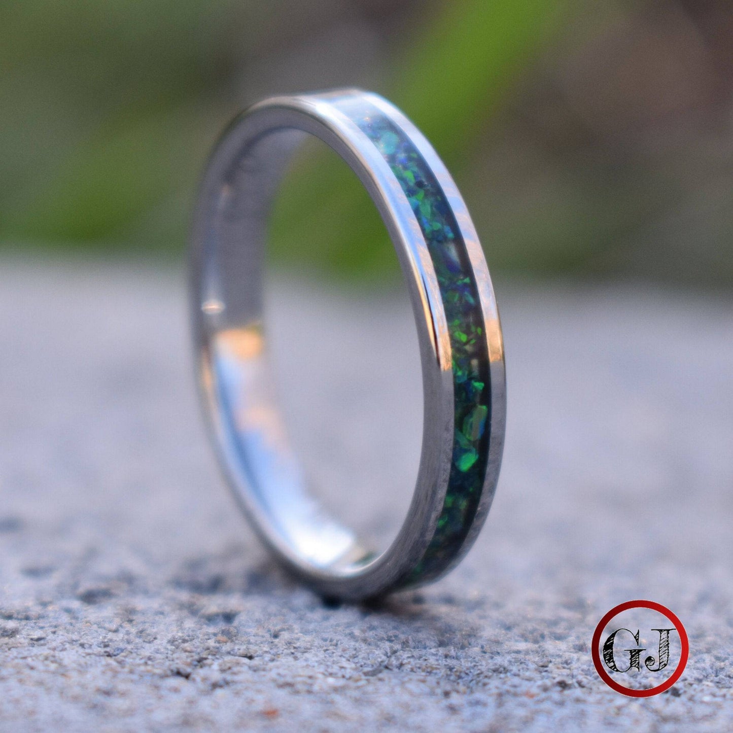 Tungsten 4mm Ring Crushed Green and Blue Opal Wedding Band - Tungsten Titans