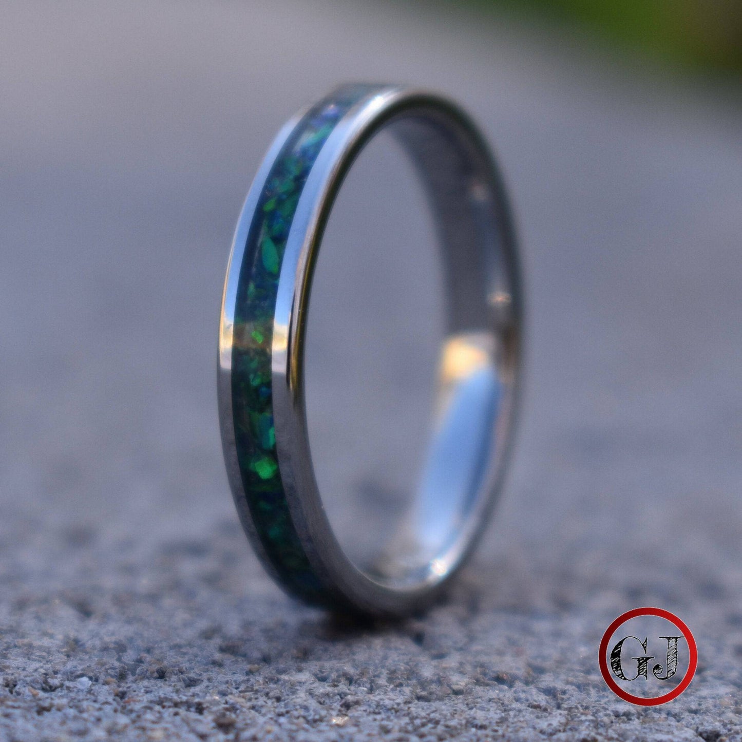 Tungsten 4mm Ring Crushed Green and Blue Opal Wedding Band - Tungsten Titans