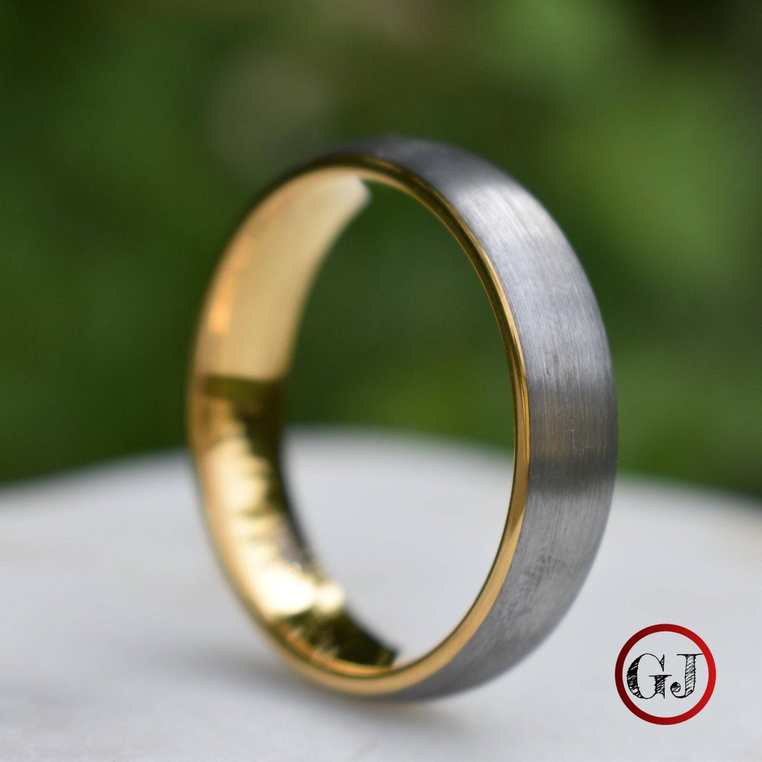 Tungsten Ring 6mm Brushed Silver with Yellow Gold Comfort fit band - Tungsten Titans