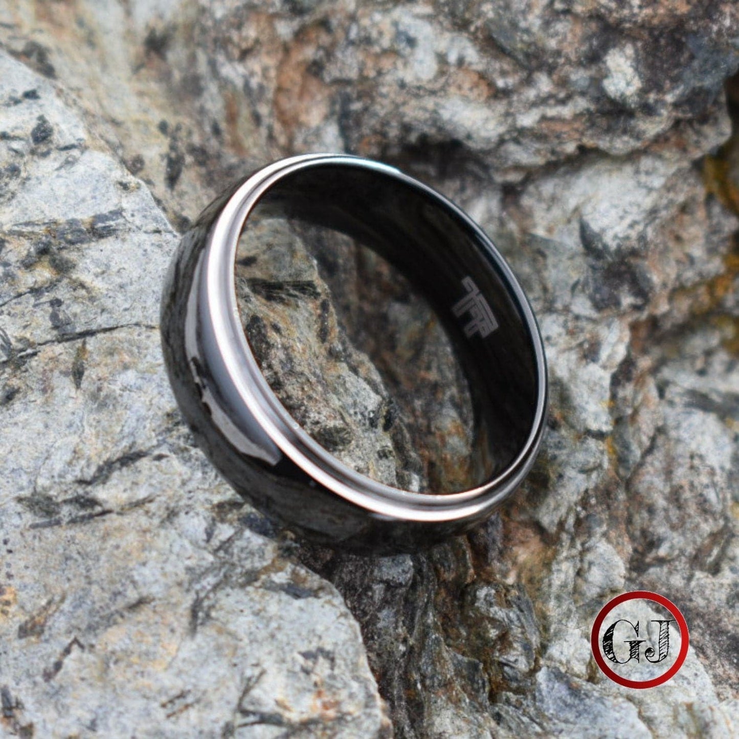 Tungsten 8mm Ring Black Domed with Silver Edges - Tungsten Titans