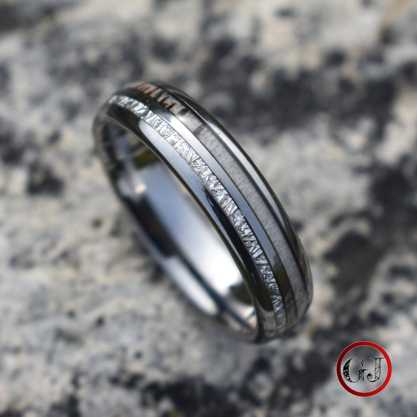 Silver Tungsten 6mm Ring with Deer Antler and Meteorite - Tungsten Titans