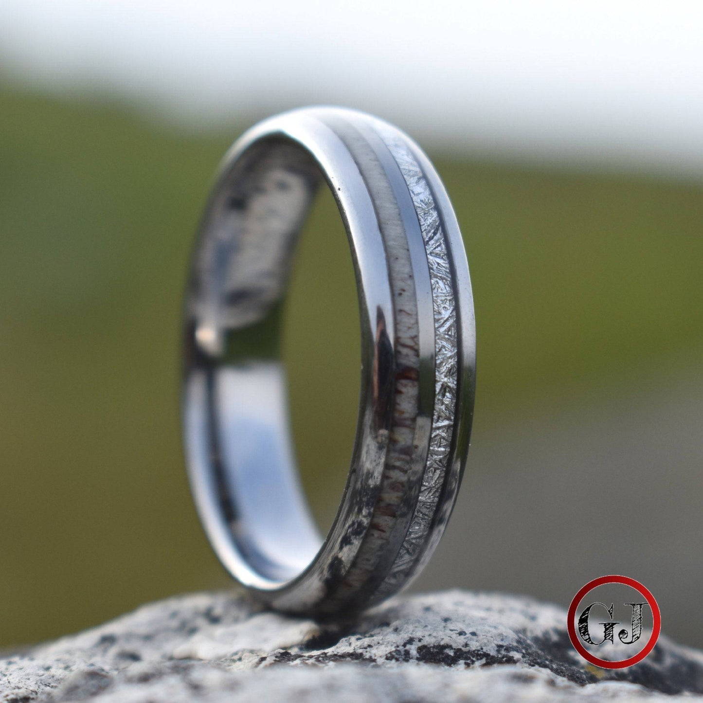 Silver Tungsten 6mm Ring with Deer Antler and Meteorite - Tungsten Titans