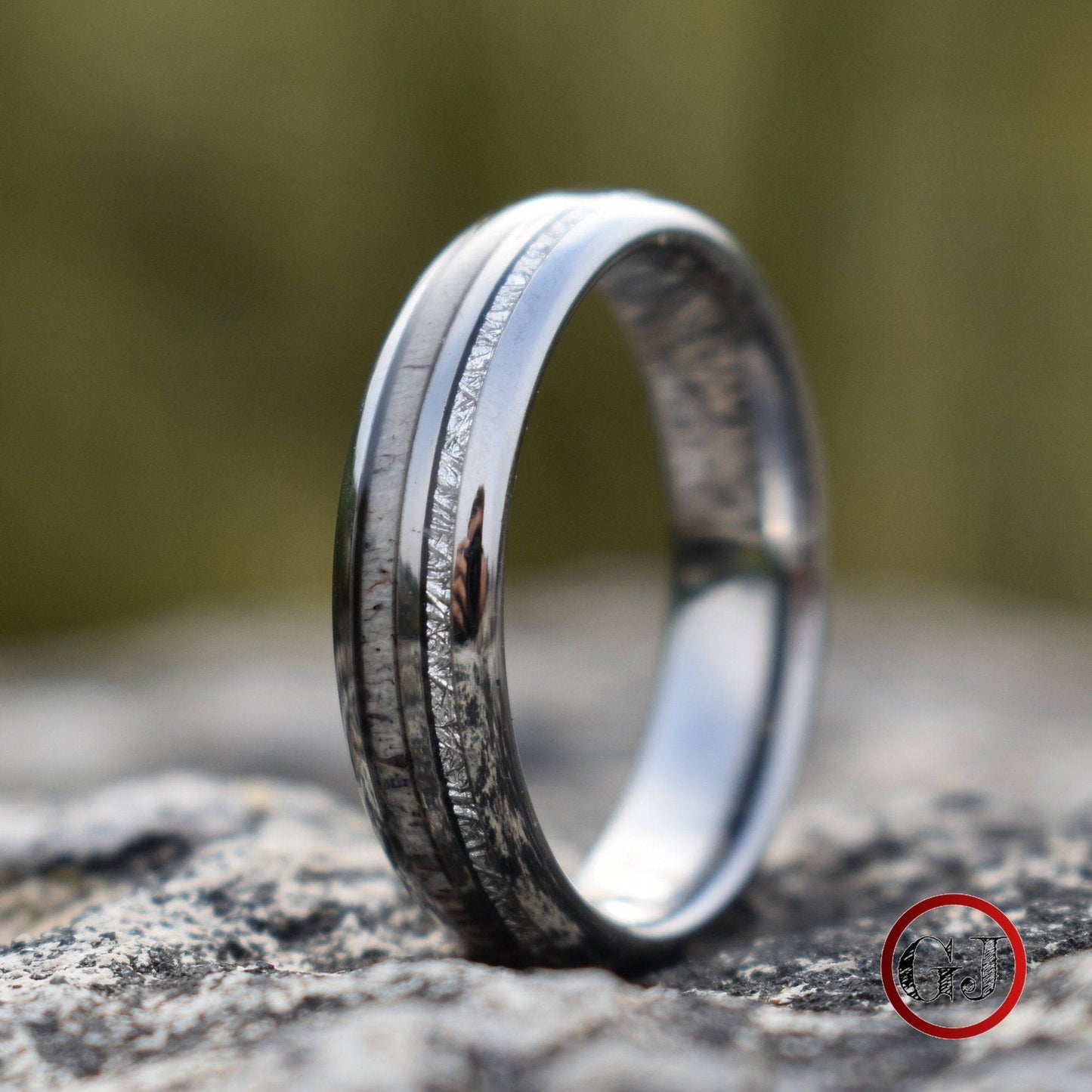 Silver Tungsten 6mm Ring with Deer Antler and Meteorite - Tungsten Titans